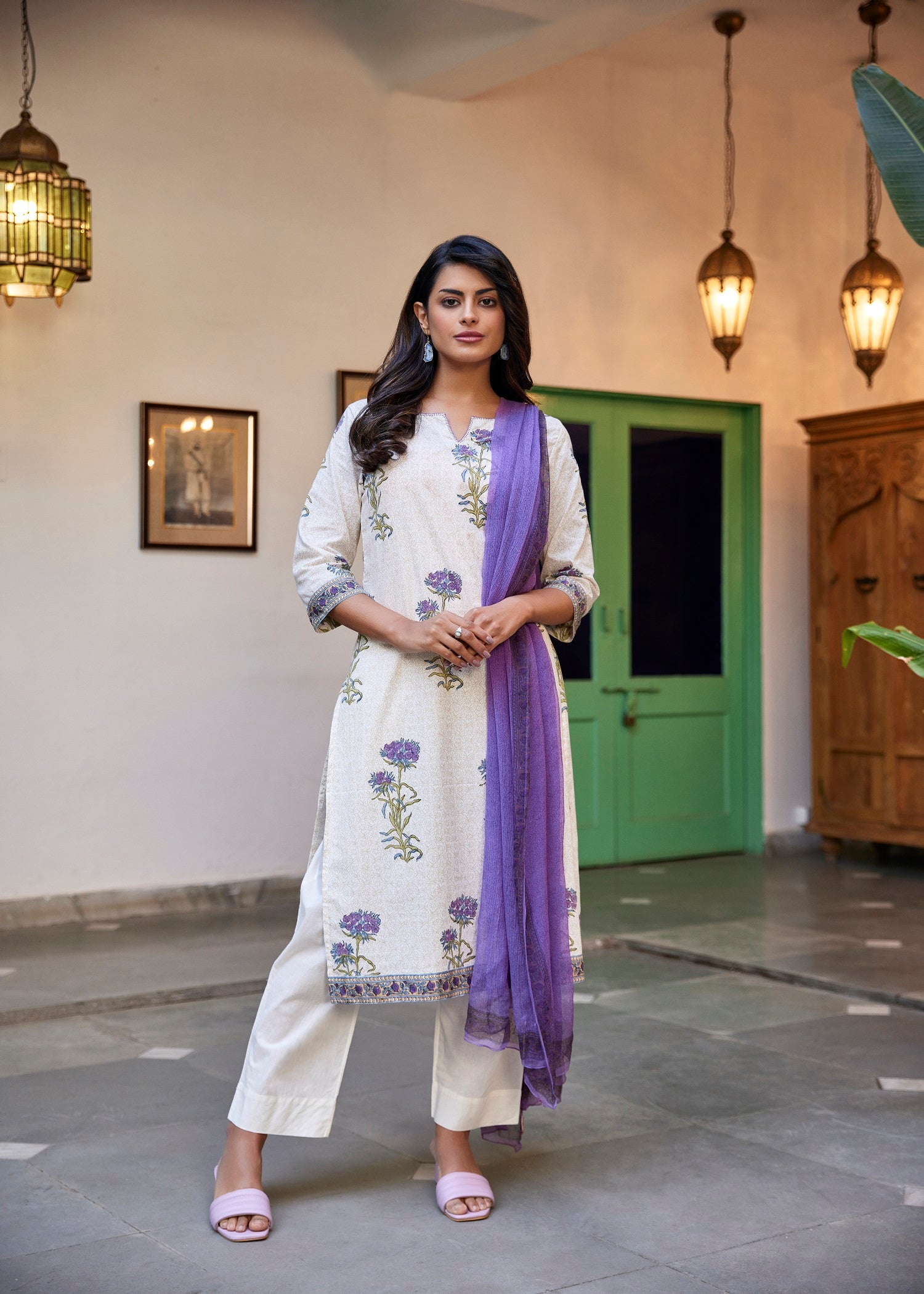 Basic Cream/Purple  Cotton Straight Kurta