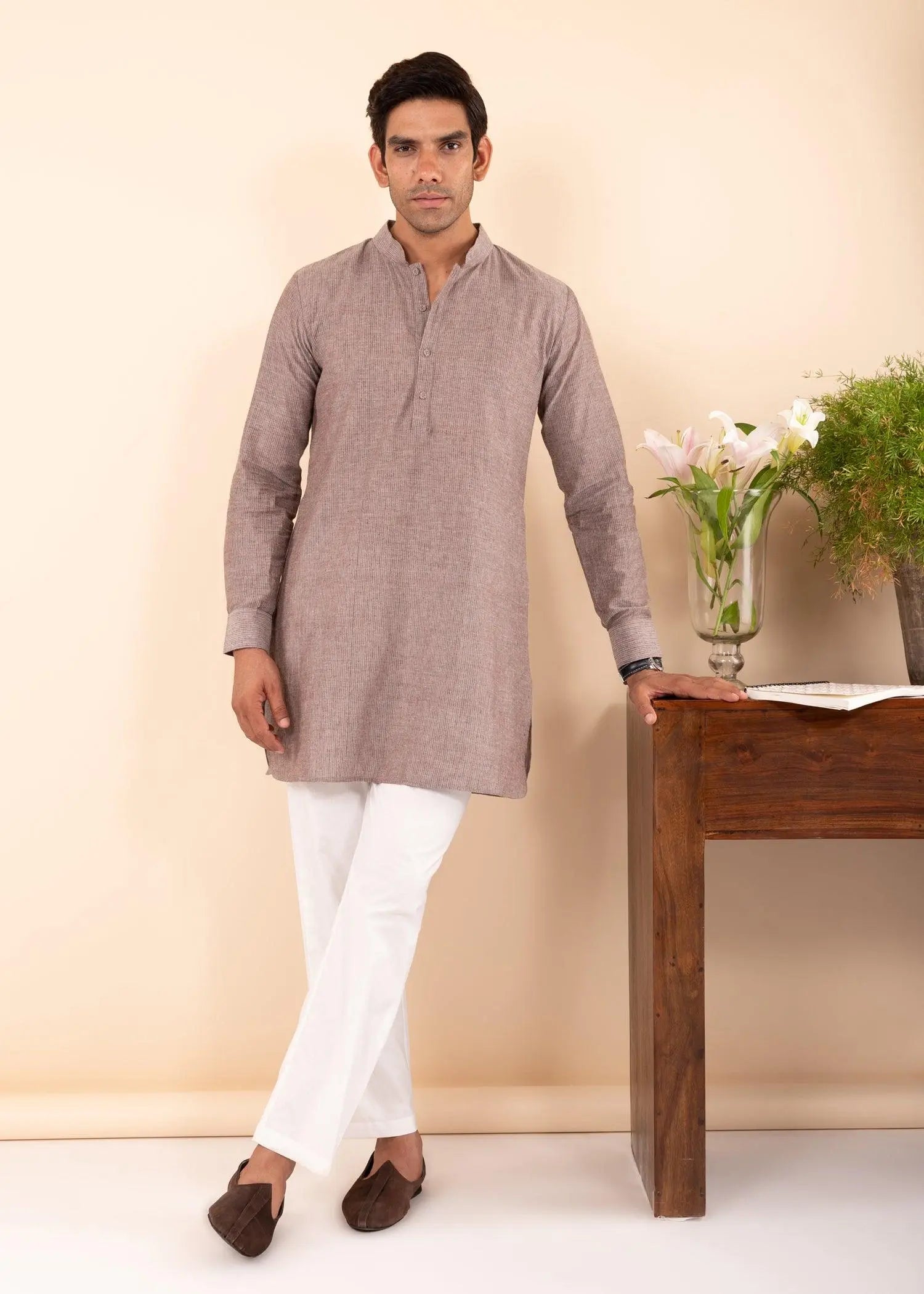 Dark Beige Regular Woven Cotton Men's Short Kurta