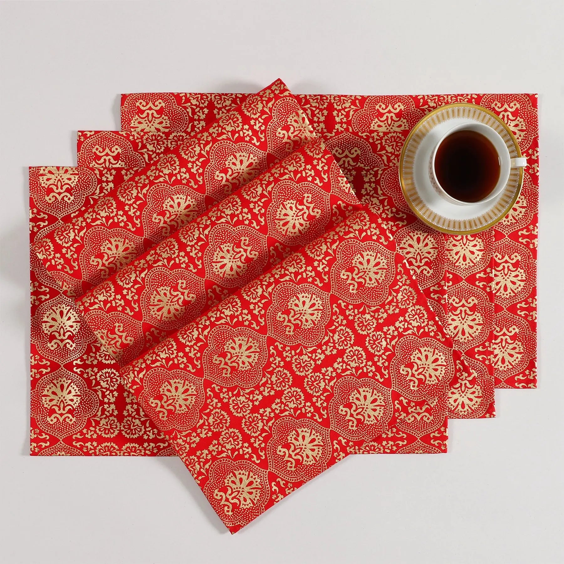 Red & Gold Cotton Table Mat Set of 6