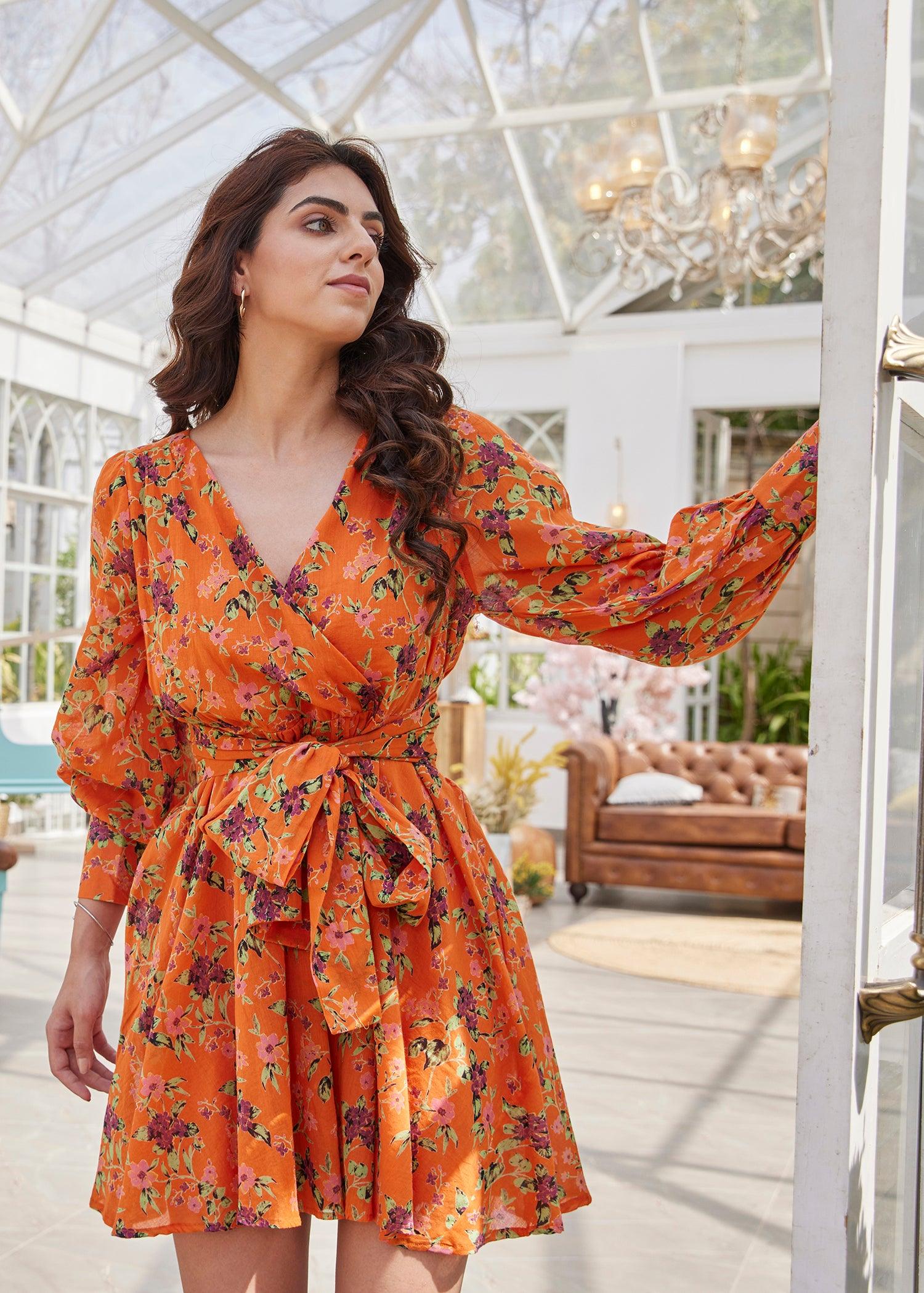 Orange Flared Voile Wrap Dress