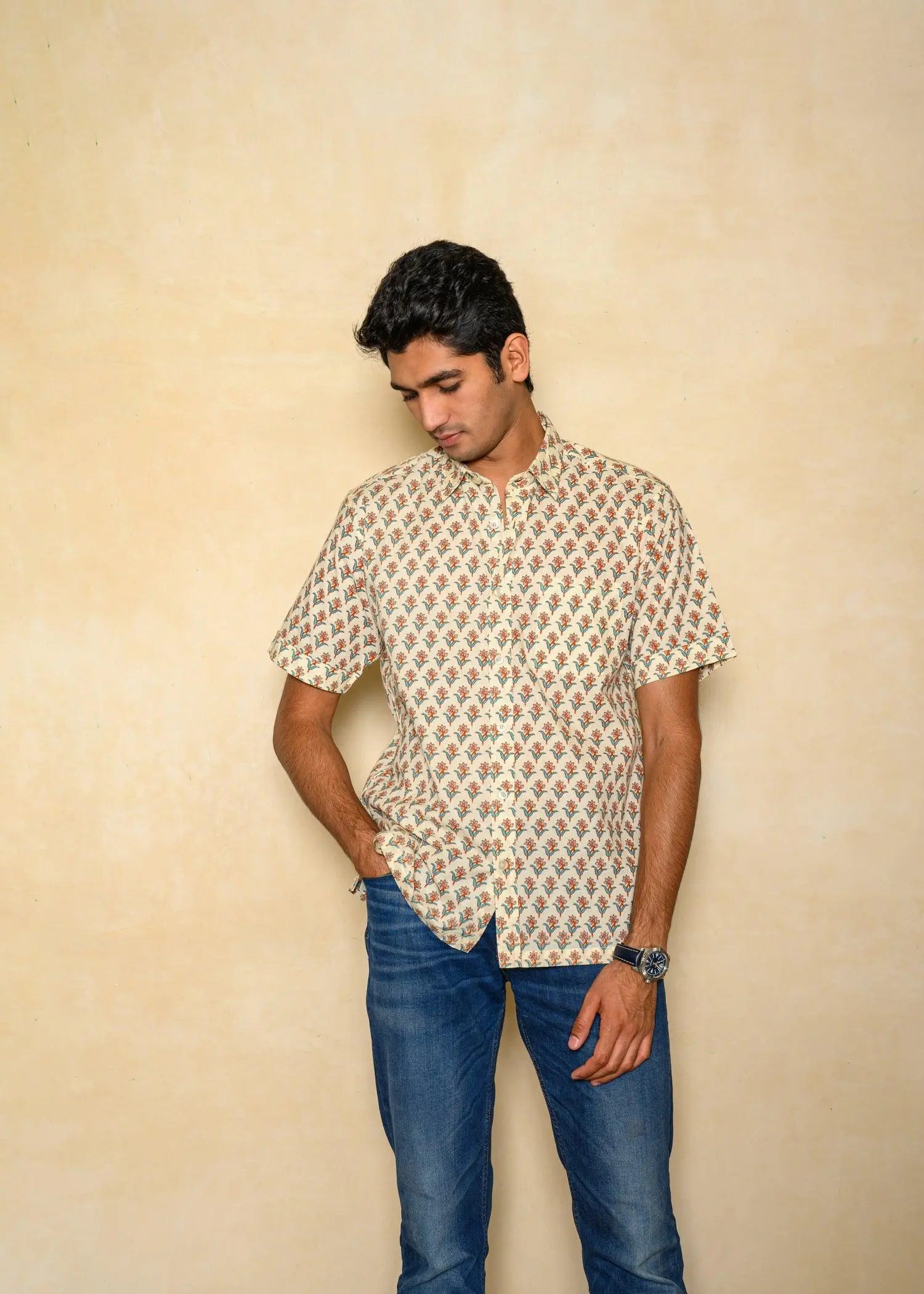 Cream Regular Cotton Half Sleeves Shirt