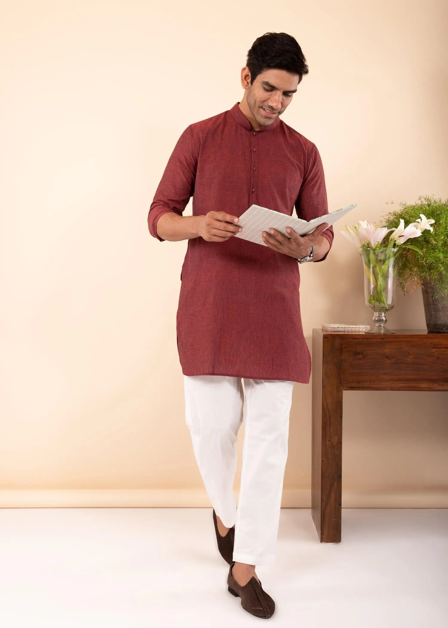 Rust Red Regular Woven Cotton Men's Short Kurta