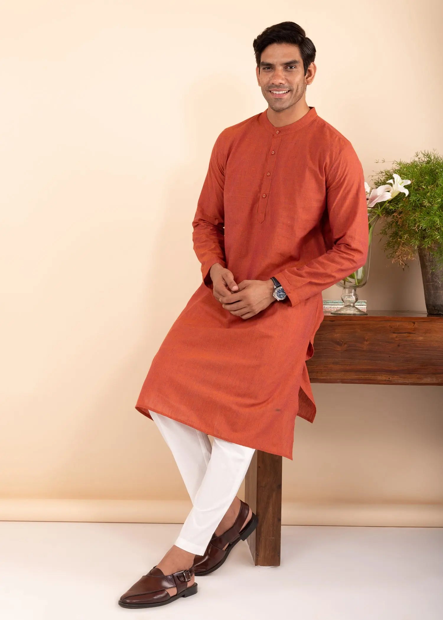 Orange Regular Woven Cotton Full Sleeve Chinese Collar Long Kurta