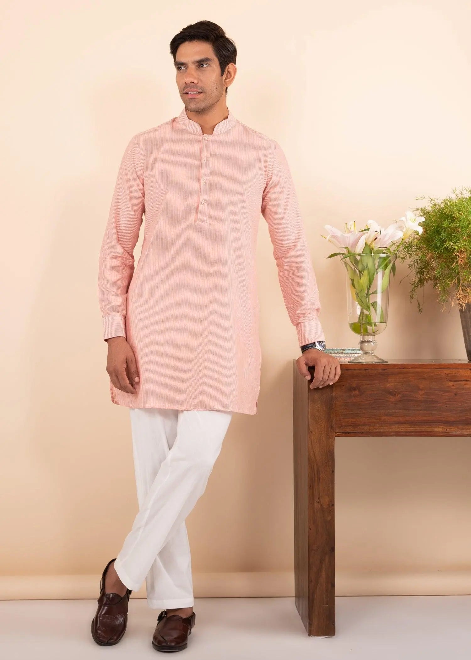 Pink Regular Woven Cotton Men's Short Kurta