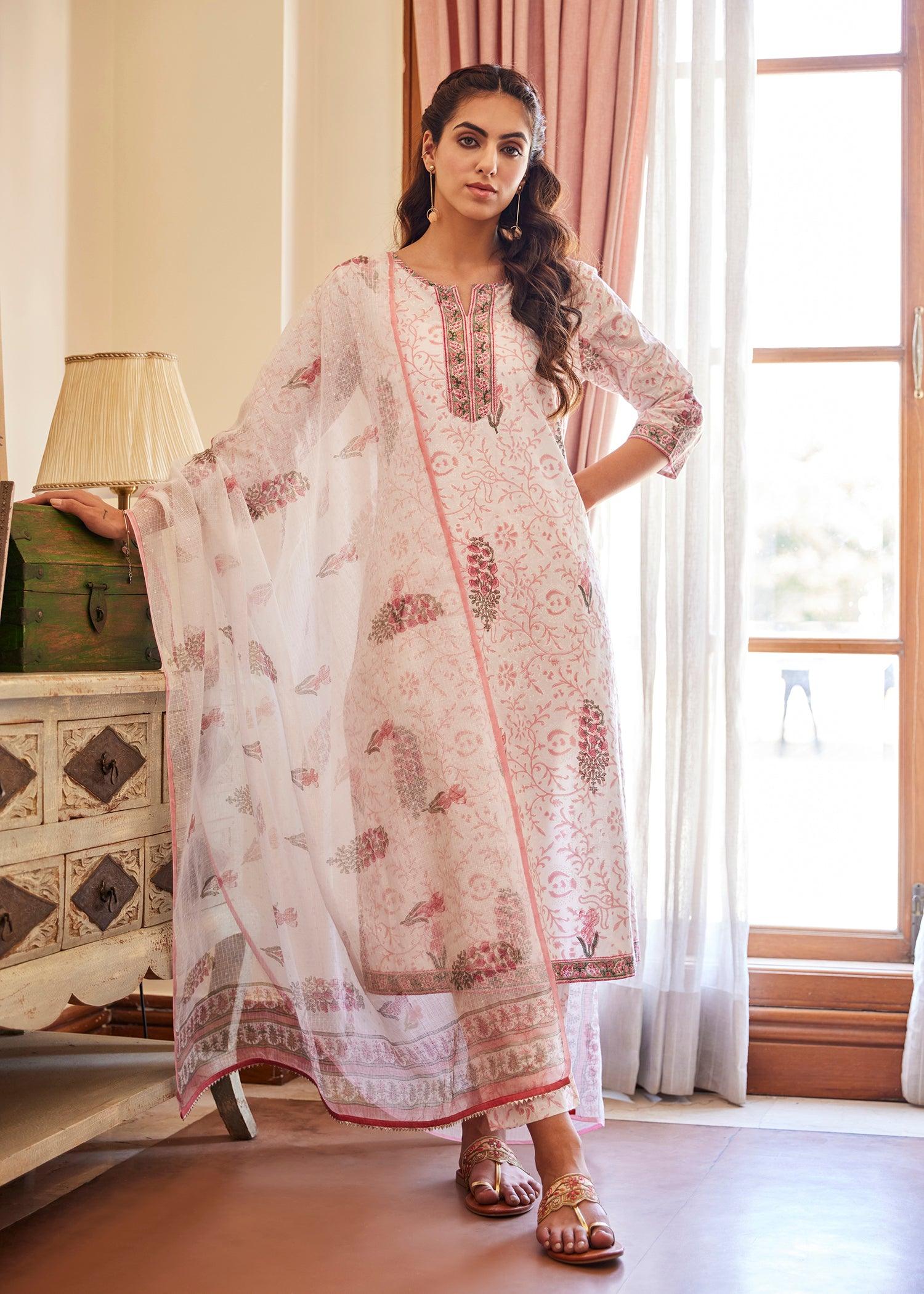 White & Pink Straight Cotton Suit Set