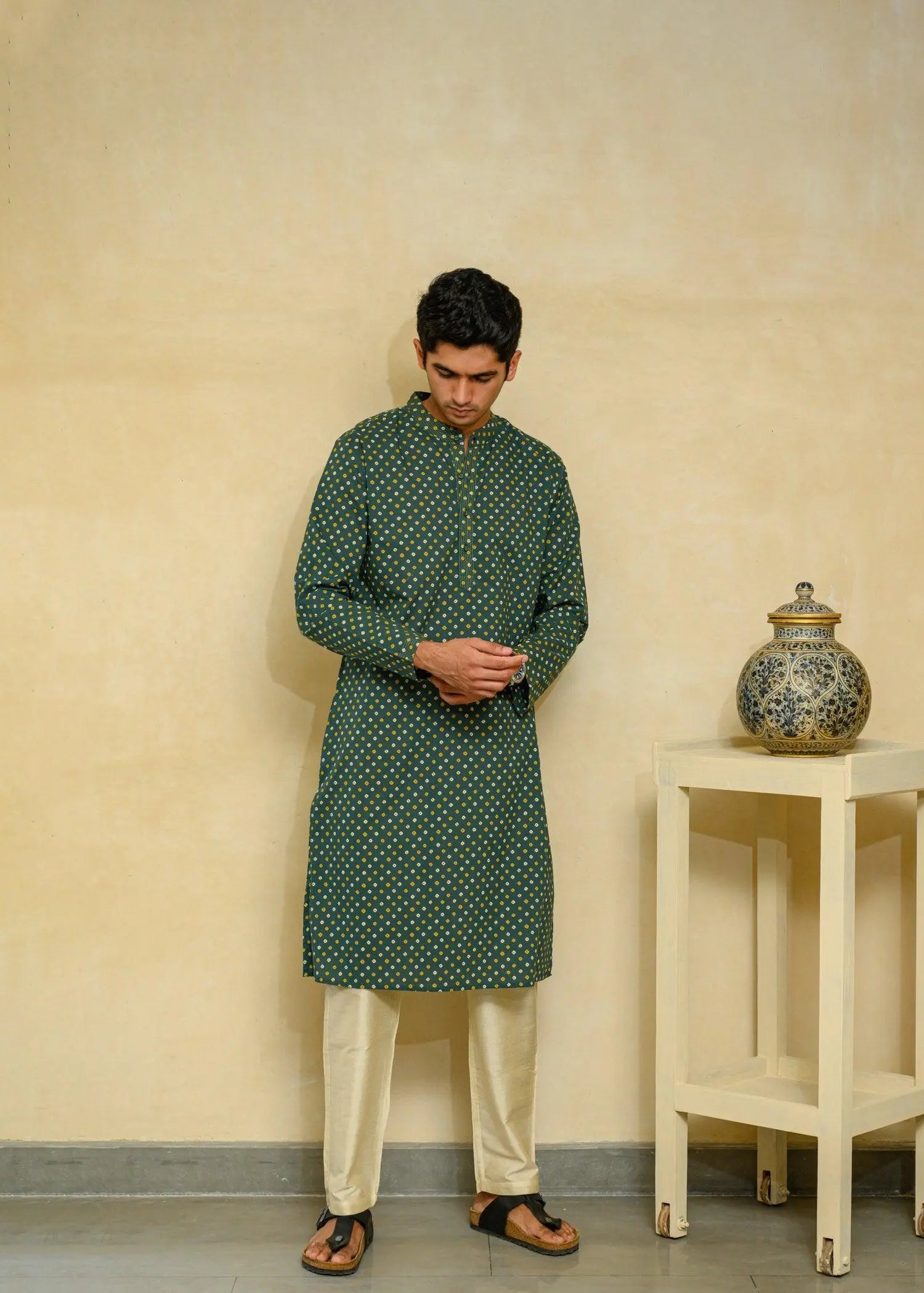 Green Regular Cotton Men's Long Kurta