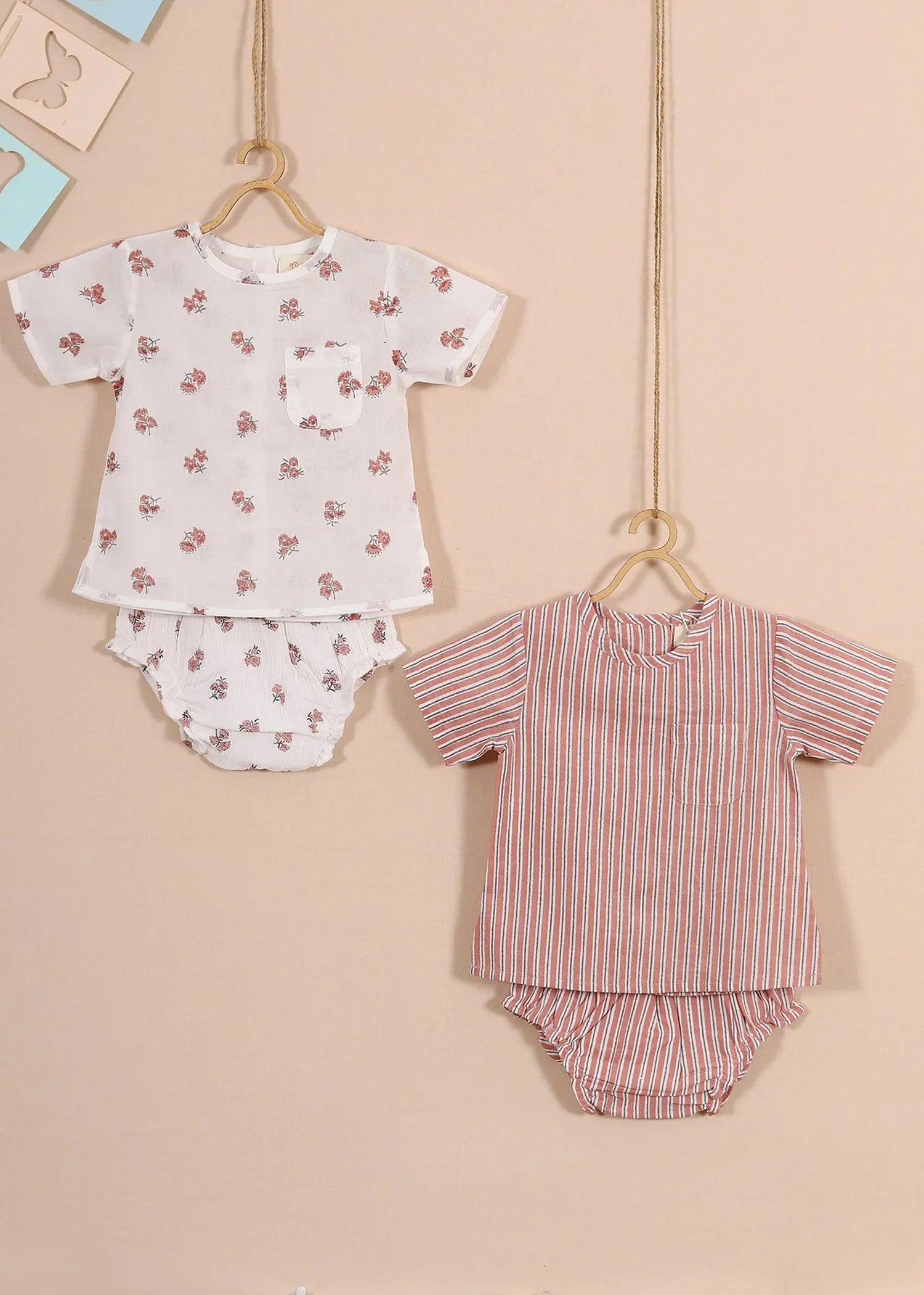 Holly/Stripes Pink Cotton Achint Jhabla Set Of 2 (0-6 Months)