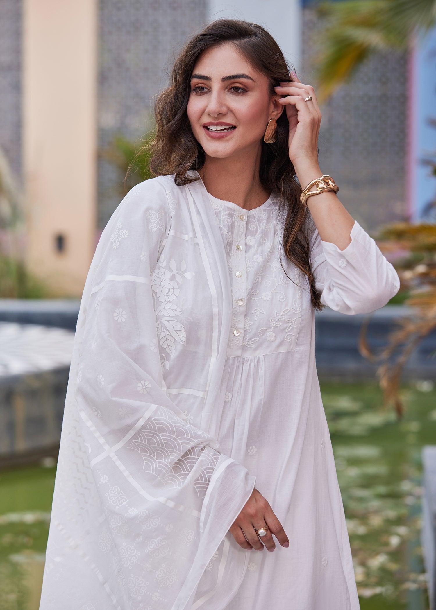 Off White Semi Flared Voile Long Kurta