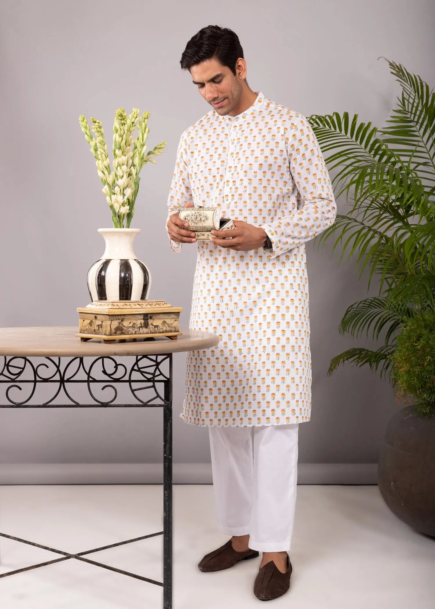 Yellow Regular Cotton Full Sleeve Chinese Collar Long Kurta