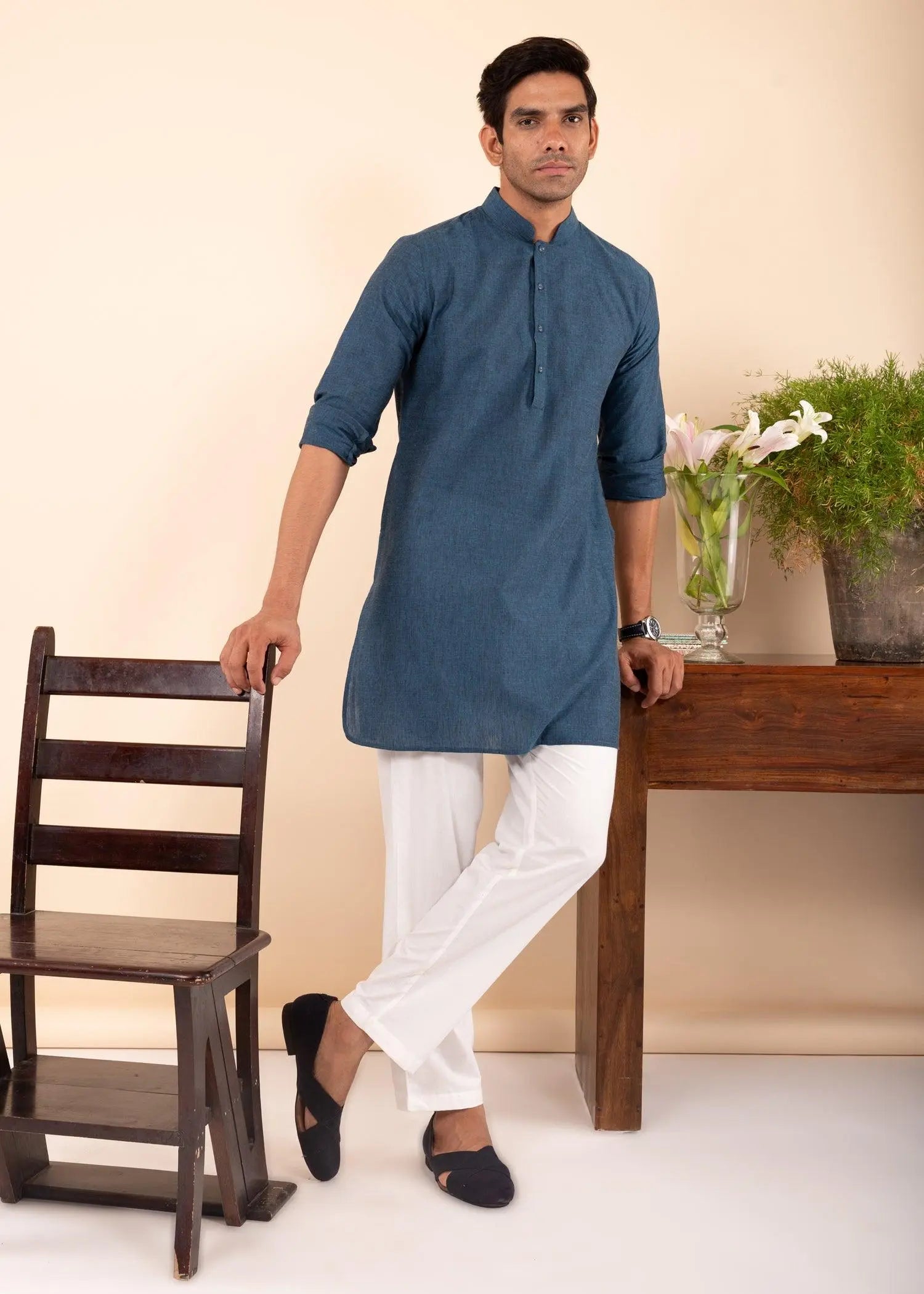 Sailor Blue Regular Woven Cotton Men's Short Kurta