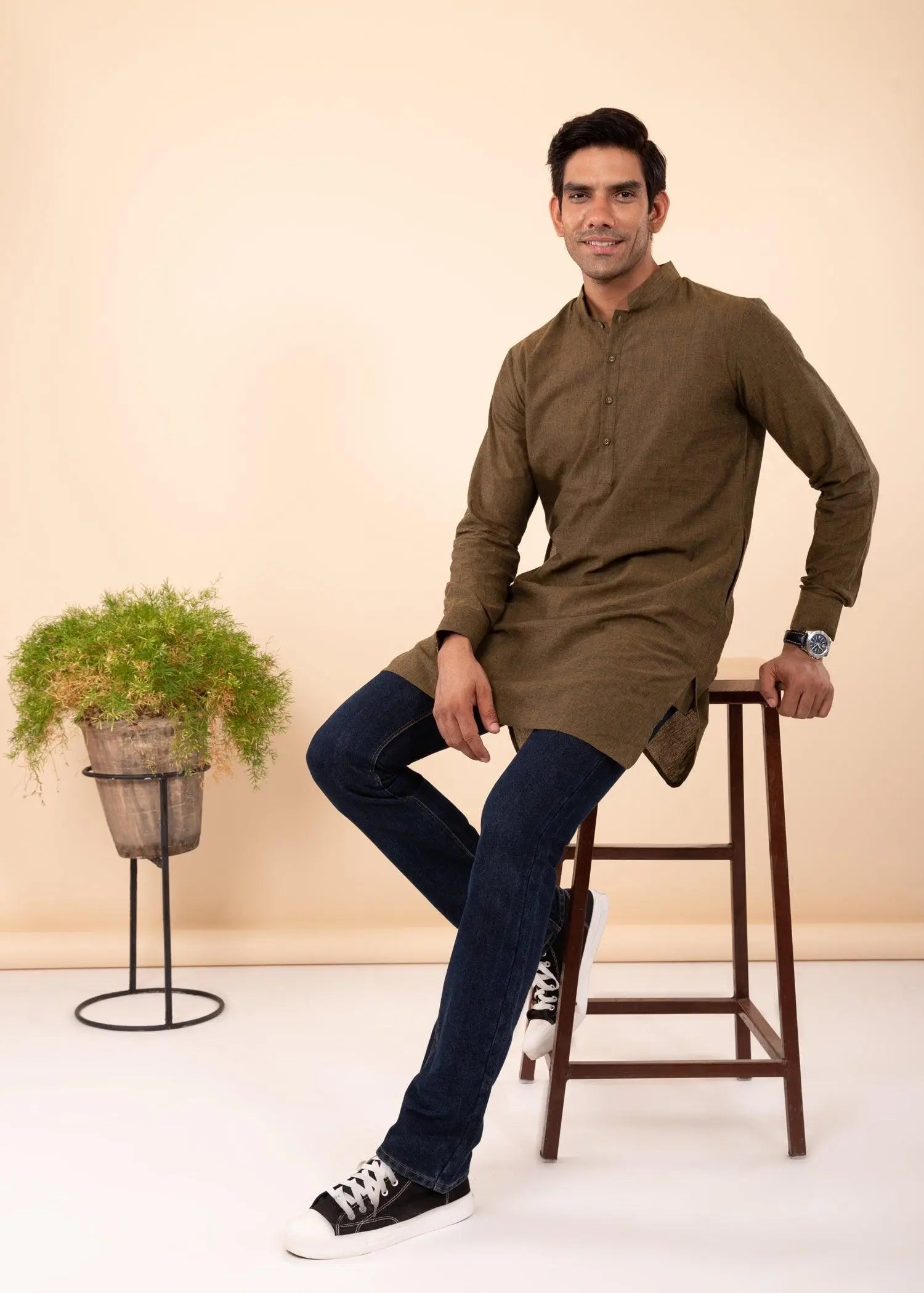 Olive Green Regular Woven Cotton Men's Short Kurta