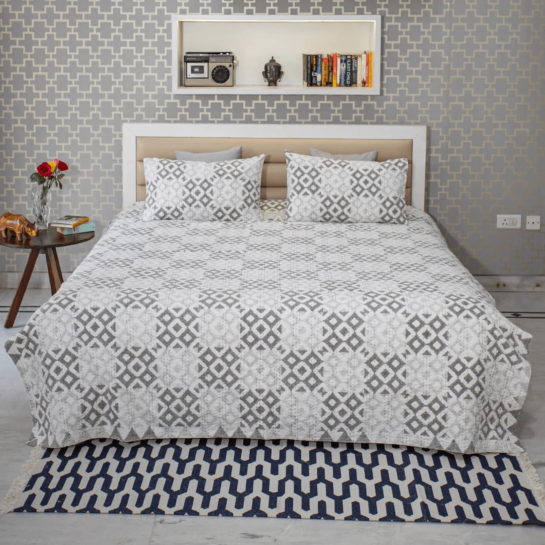 Grey Color Hand Block Printed Katha Bedcover with 2 Pillow Covers