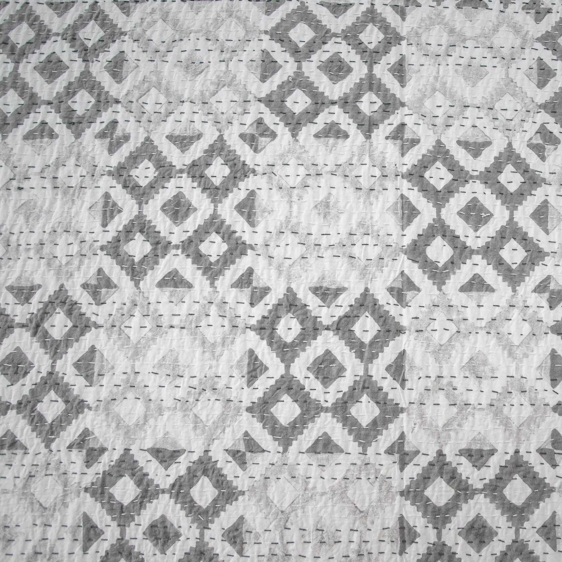 Grey Color Hand Block Printed Katha Bedcover with 2 Pillow Covers