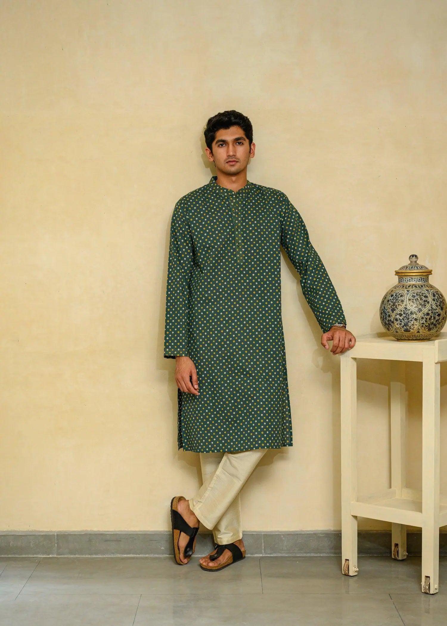 Green Regular Cotton Men's Long Kurta