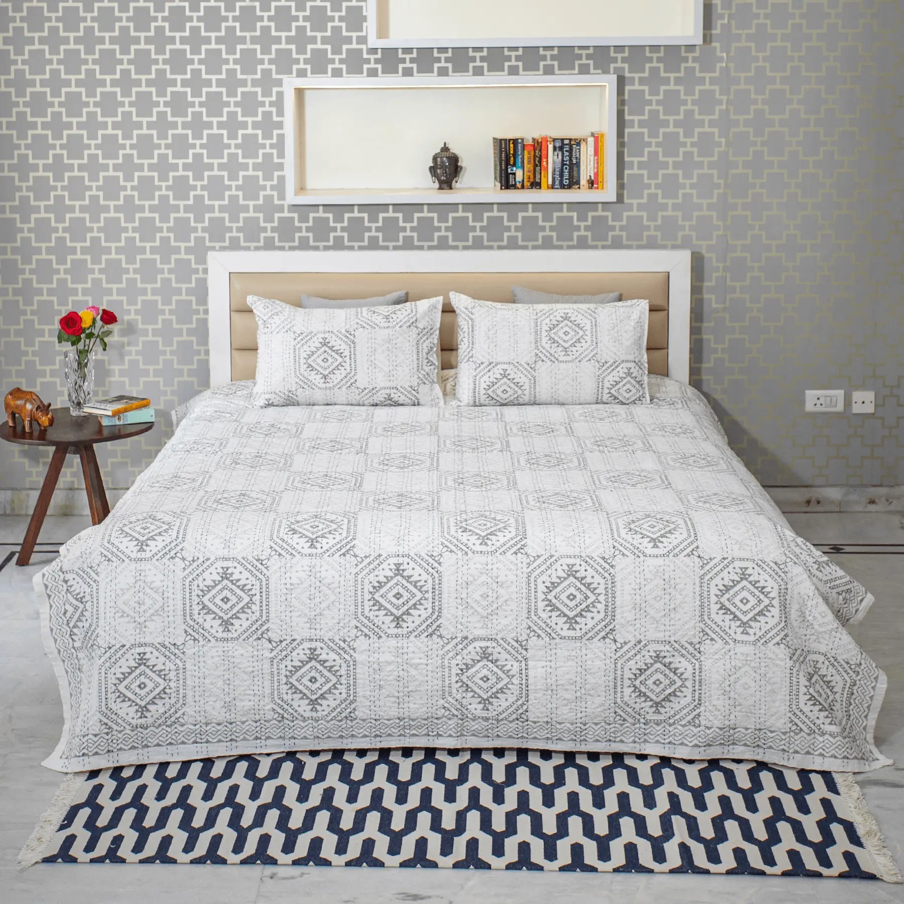 Grey Color Hand Block Printed Katha Bedcover with 2 Pillow Covers