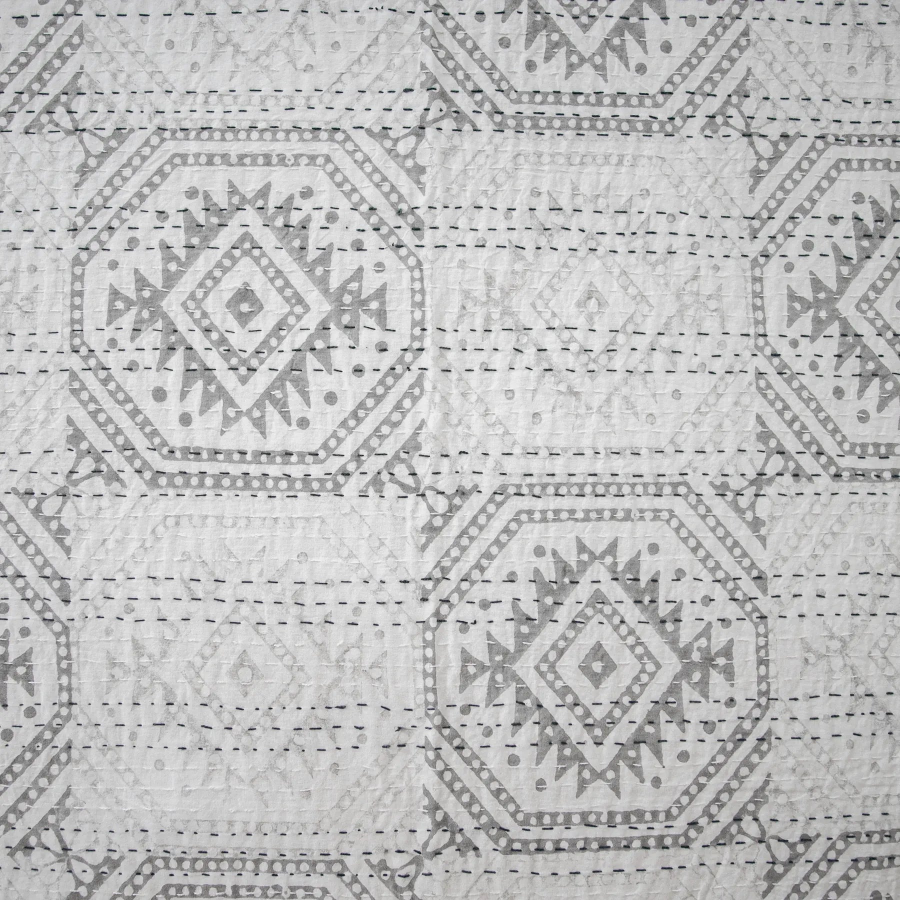 Grey Color Hand Block Printed Katha Bedcover with 2 Pillow Covers