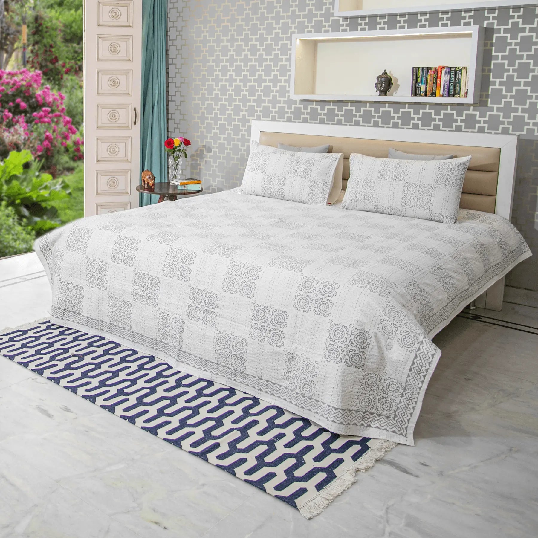 Grey Color Hand Block Printed Katha Bedcover with 2 Pillow Covers