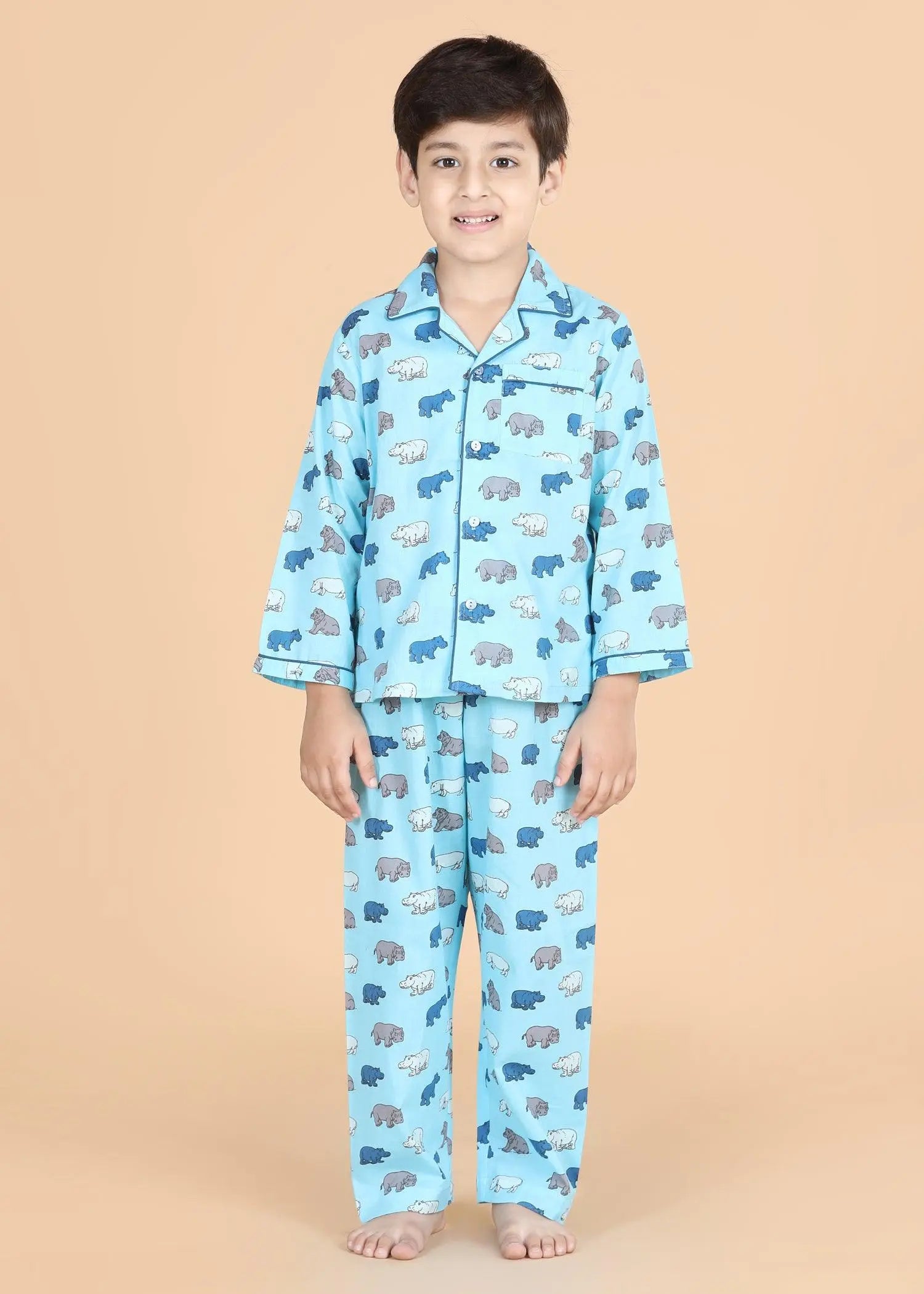 Hippo Blue Full Sleeves Cotton Nighsuit Boys (1-12 Years)