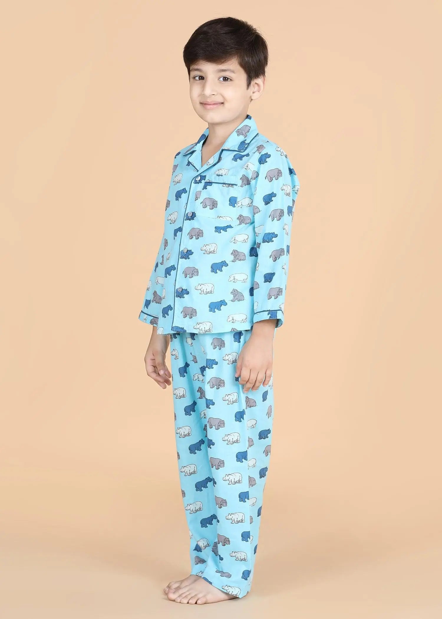 Hippo Blue Full Sleeves Cotton Nighsuit Boys (1-12 Years)