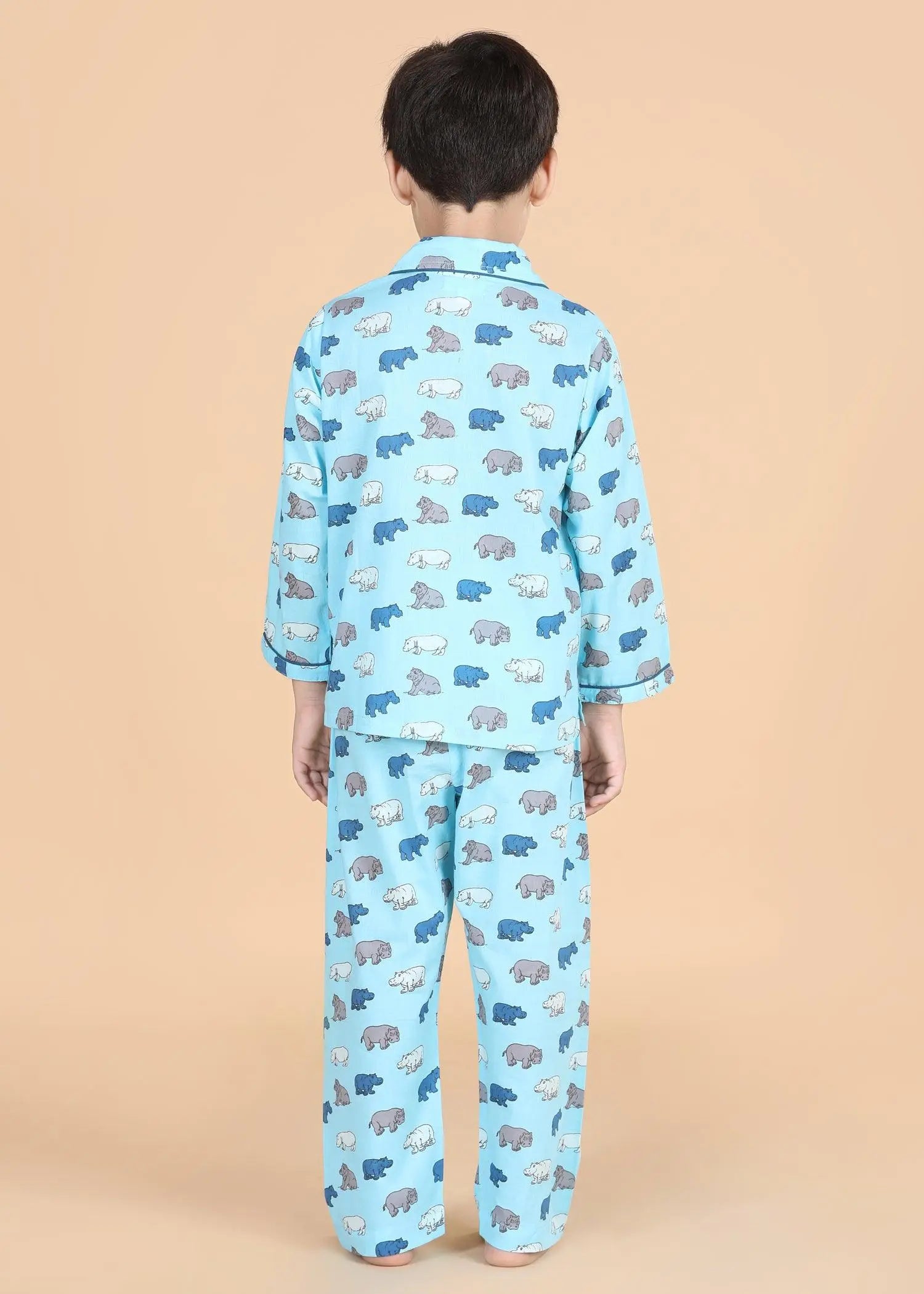 Hippo Blue Full Sleeves Cotton Nighsuit Boys (1-12 Years)