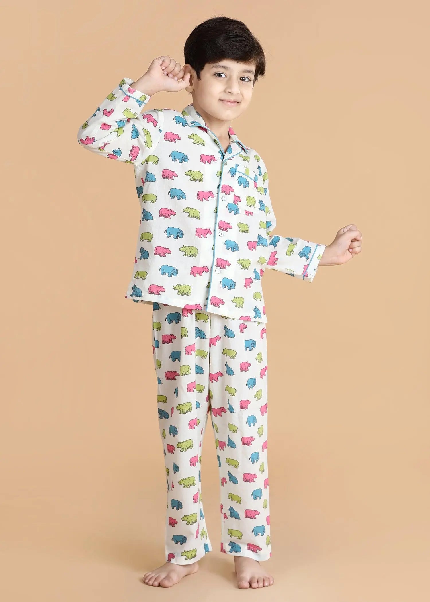 Hippo Cream Full Sleeves Cotton Nighsuit Boys (1-12 Years)