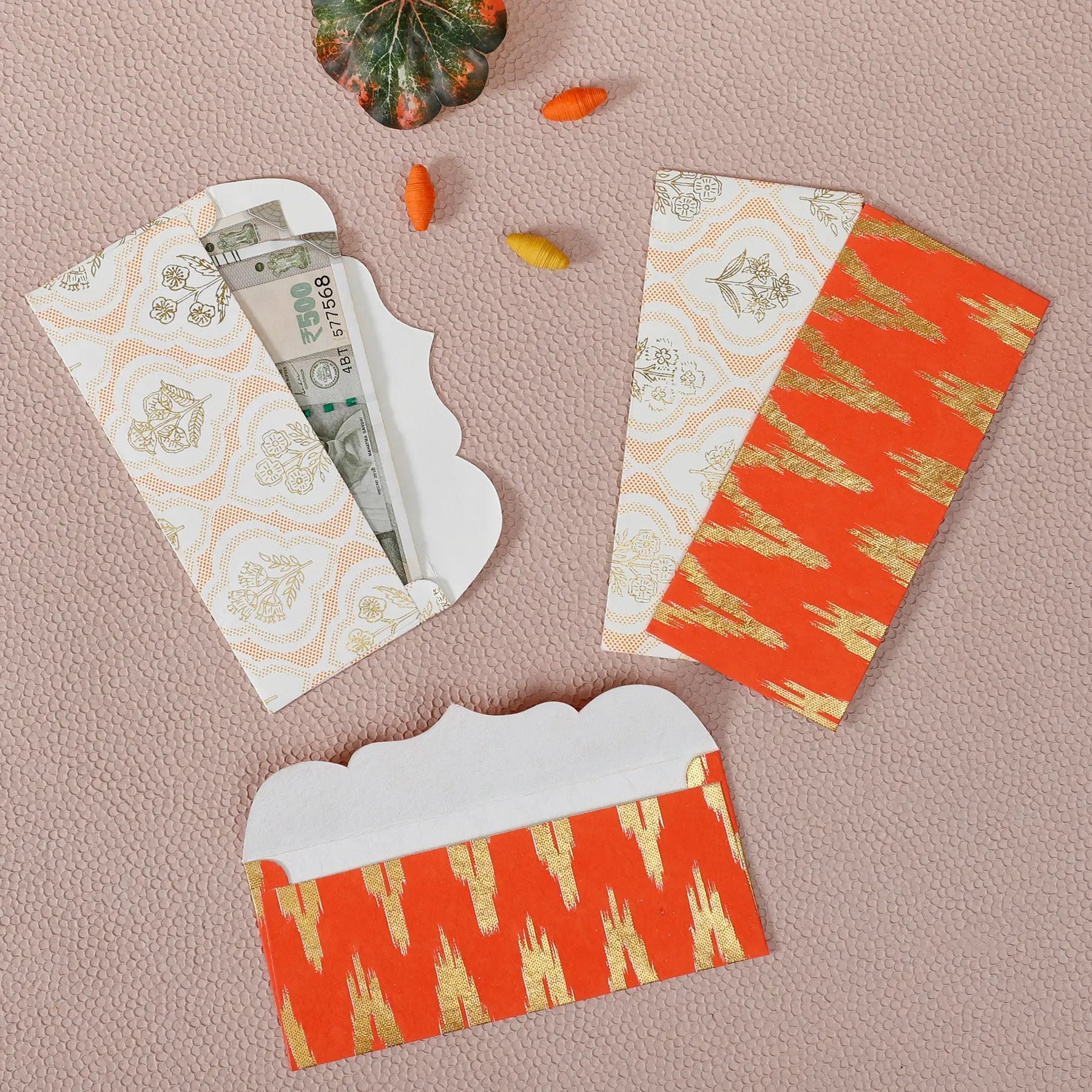 Ikat Orange & Off White Money Envelope Set of 10