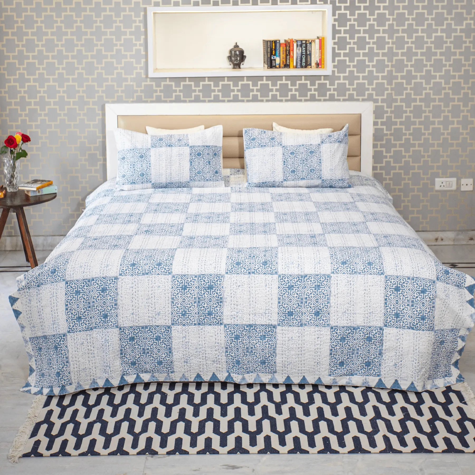 Blue Color Hand Block Printed Katha Bedcover with 2 Pillow Covers