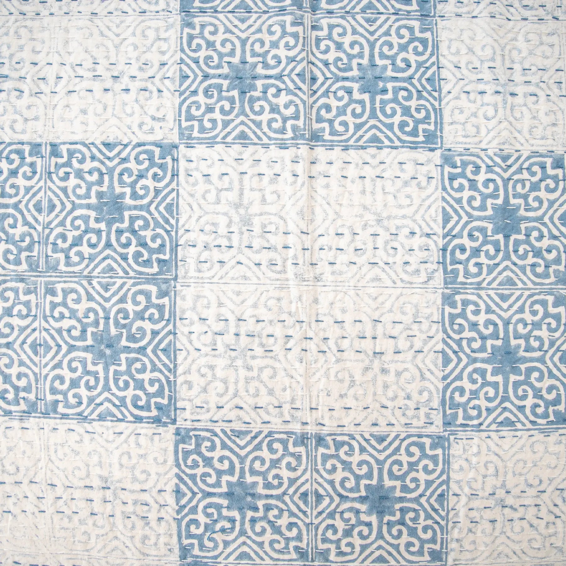 Blue Color Hand Block Printed Katha Bedcover with 2 Pillow Covers