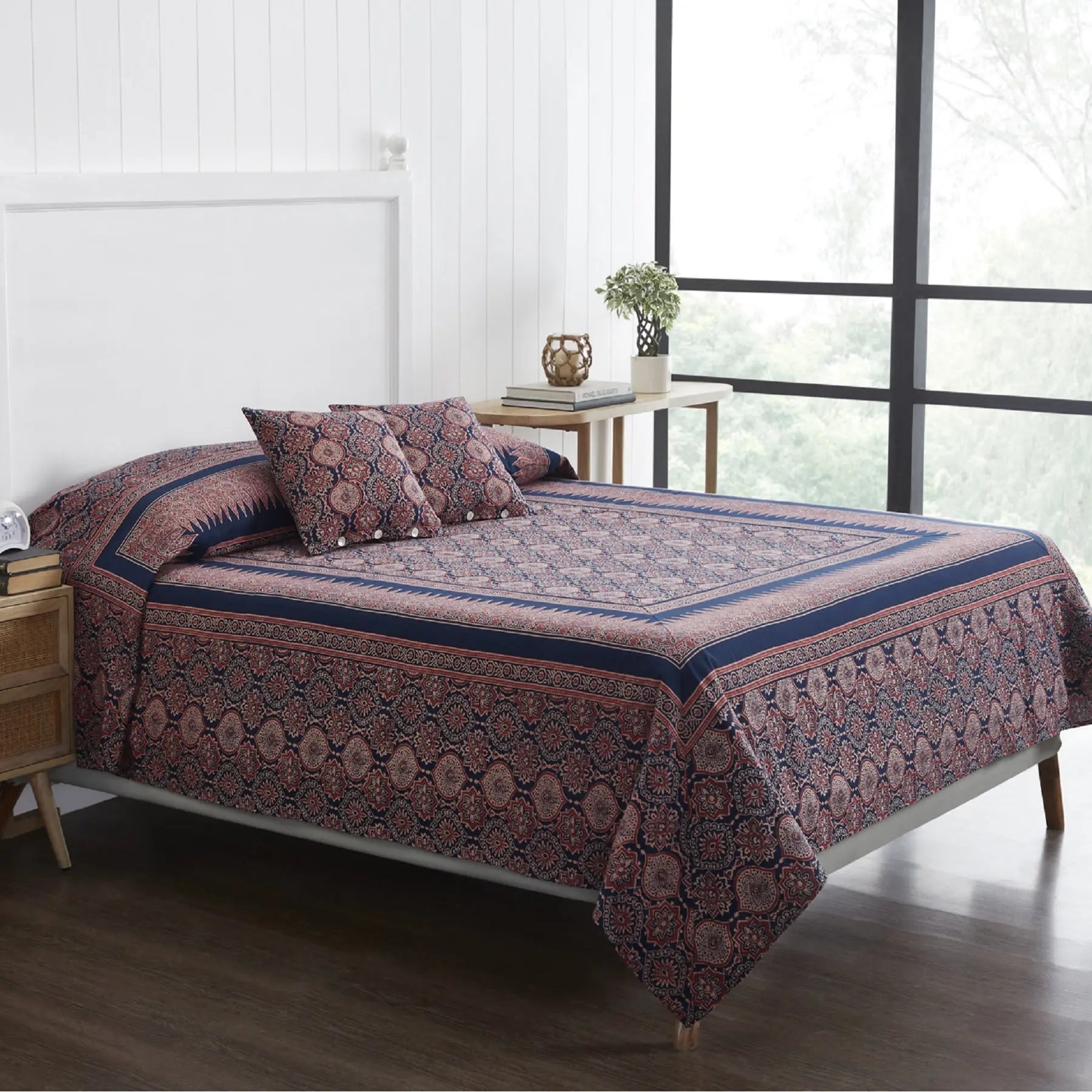 Artsy Navy & Rust Hand Screen Print Cotton Bedcover