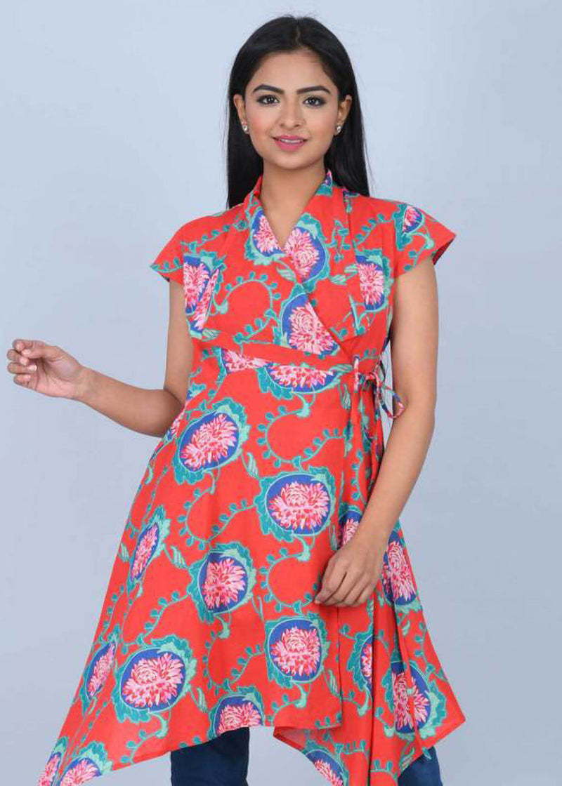 Aaradhya Red Block Print Cotton Tunic