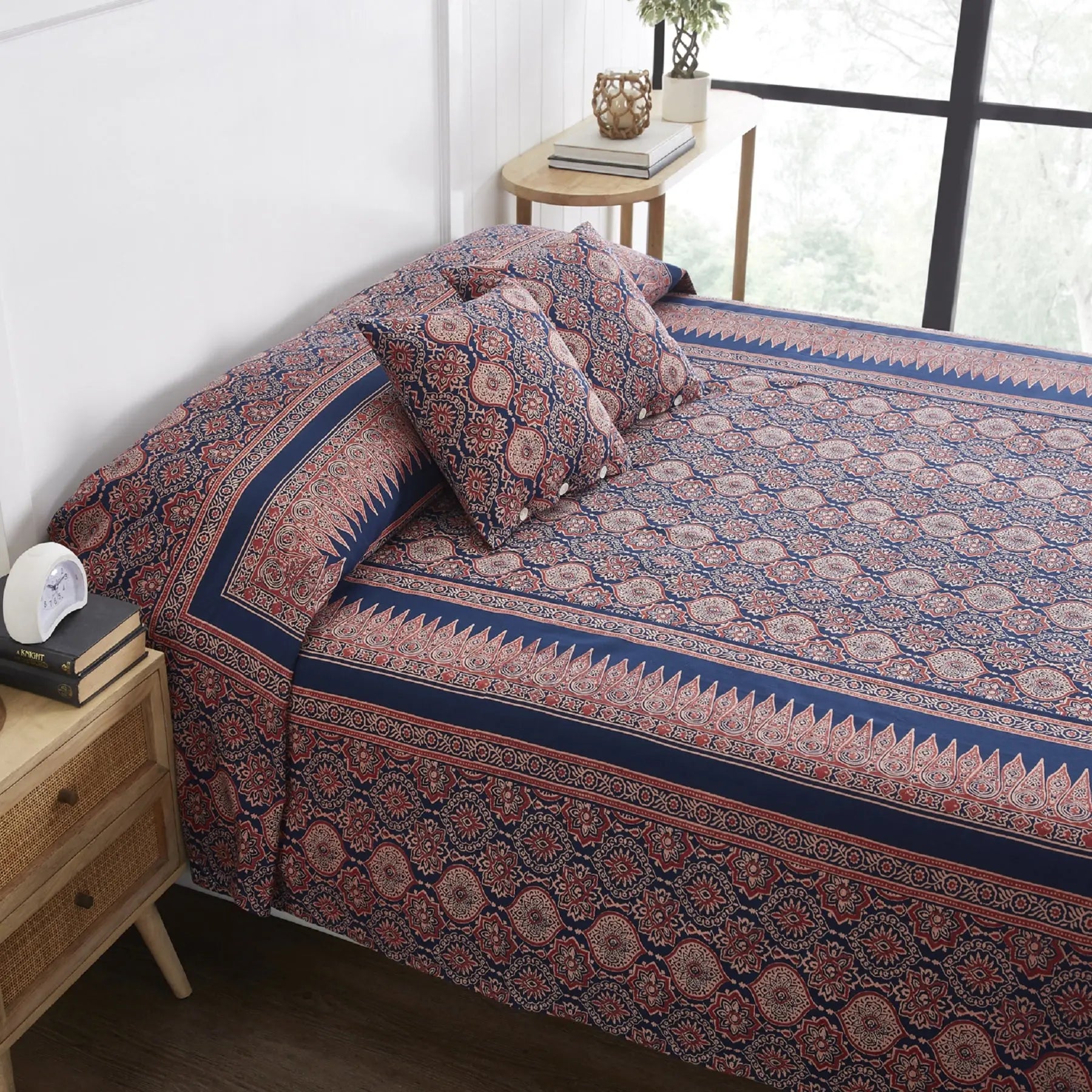 Artsy Navy & Rust Hand Screen Print Cotton Bedcover