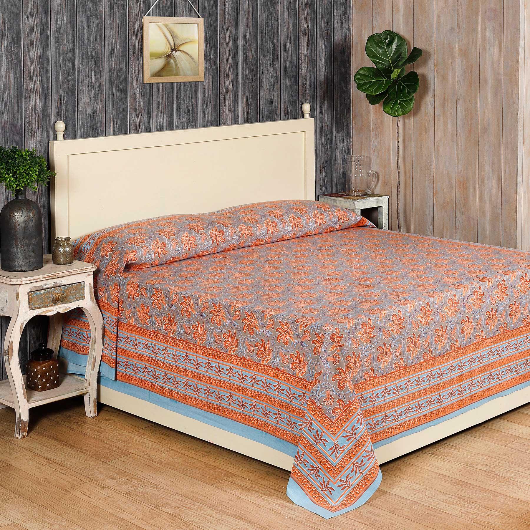 Ananya Jaal Grey / Rust Screen Printed Cotton Bed Cover