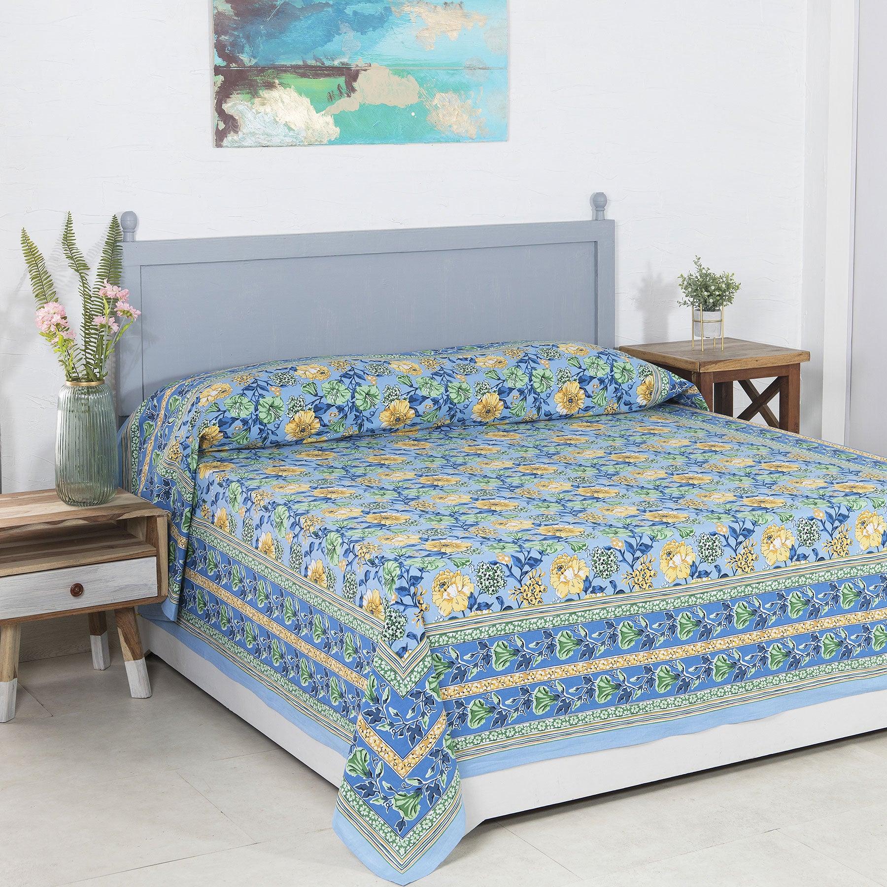 Bahaar Blue Screen Print Cotton Bed Cover