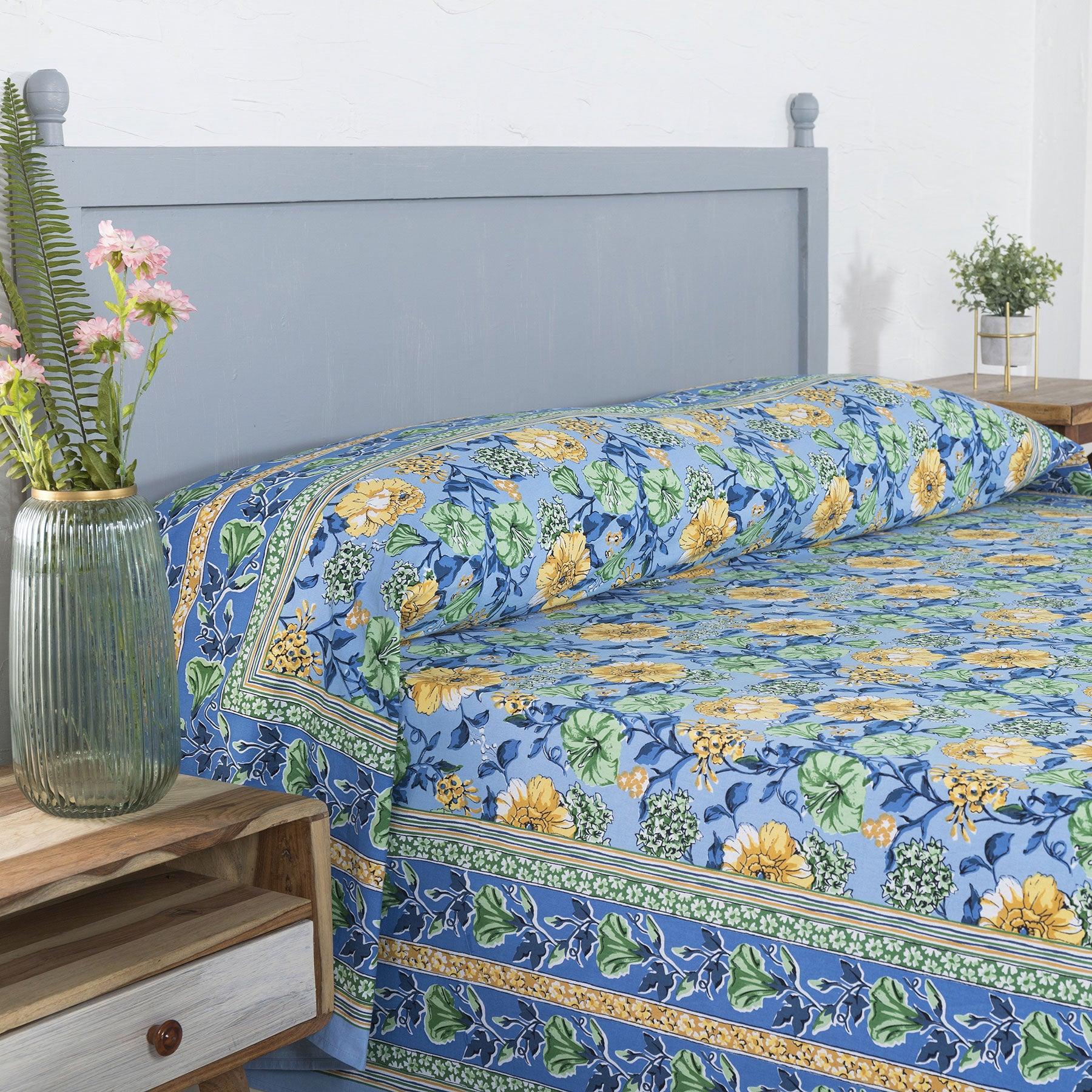 Bahaar Blue Screen Print Cotton Bed Cover