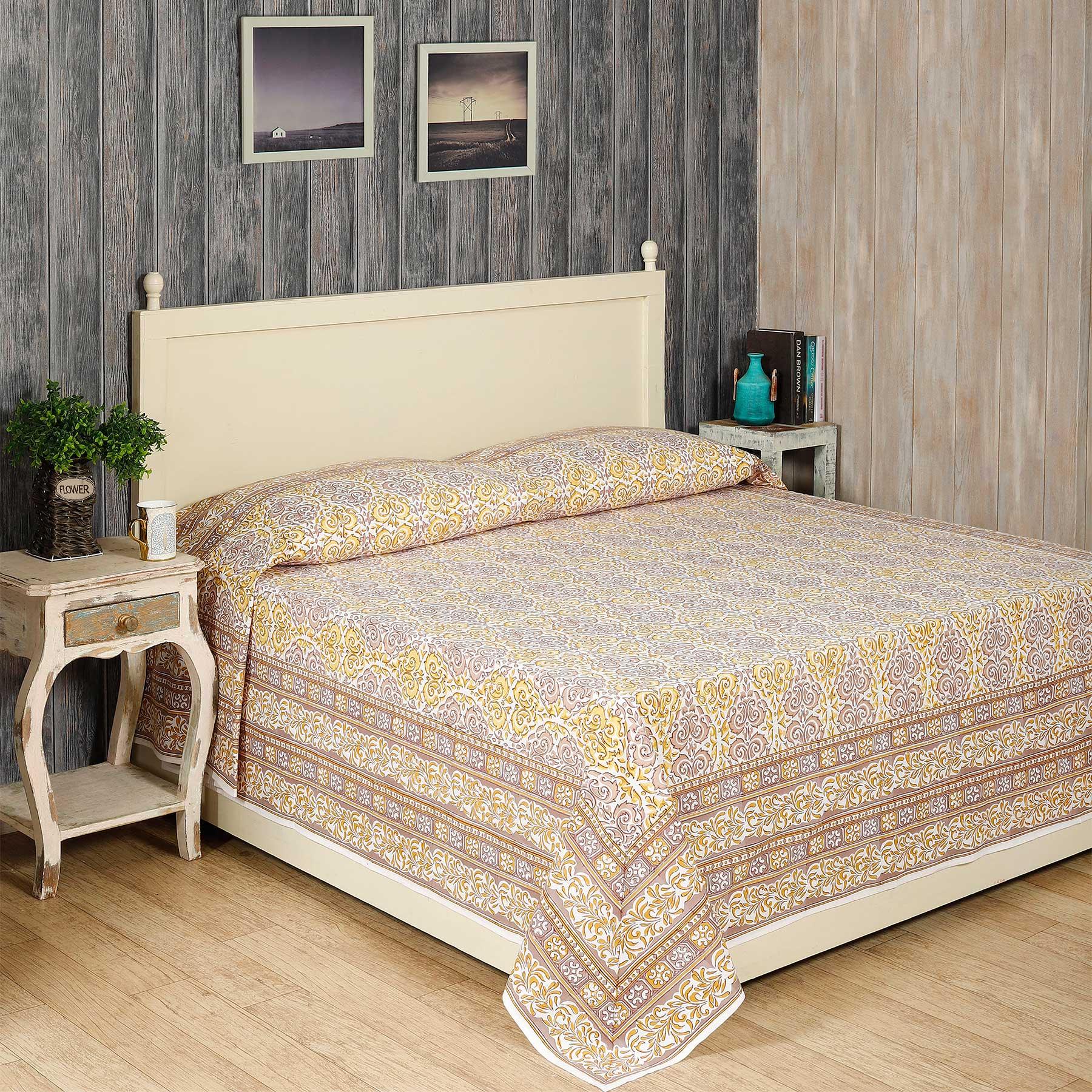 Elegance Beige / Yellow Hand Block Printed Cotton Bed Cover