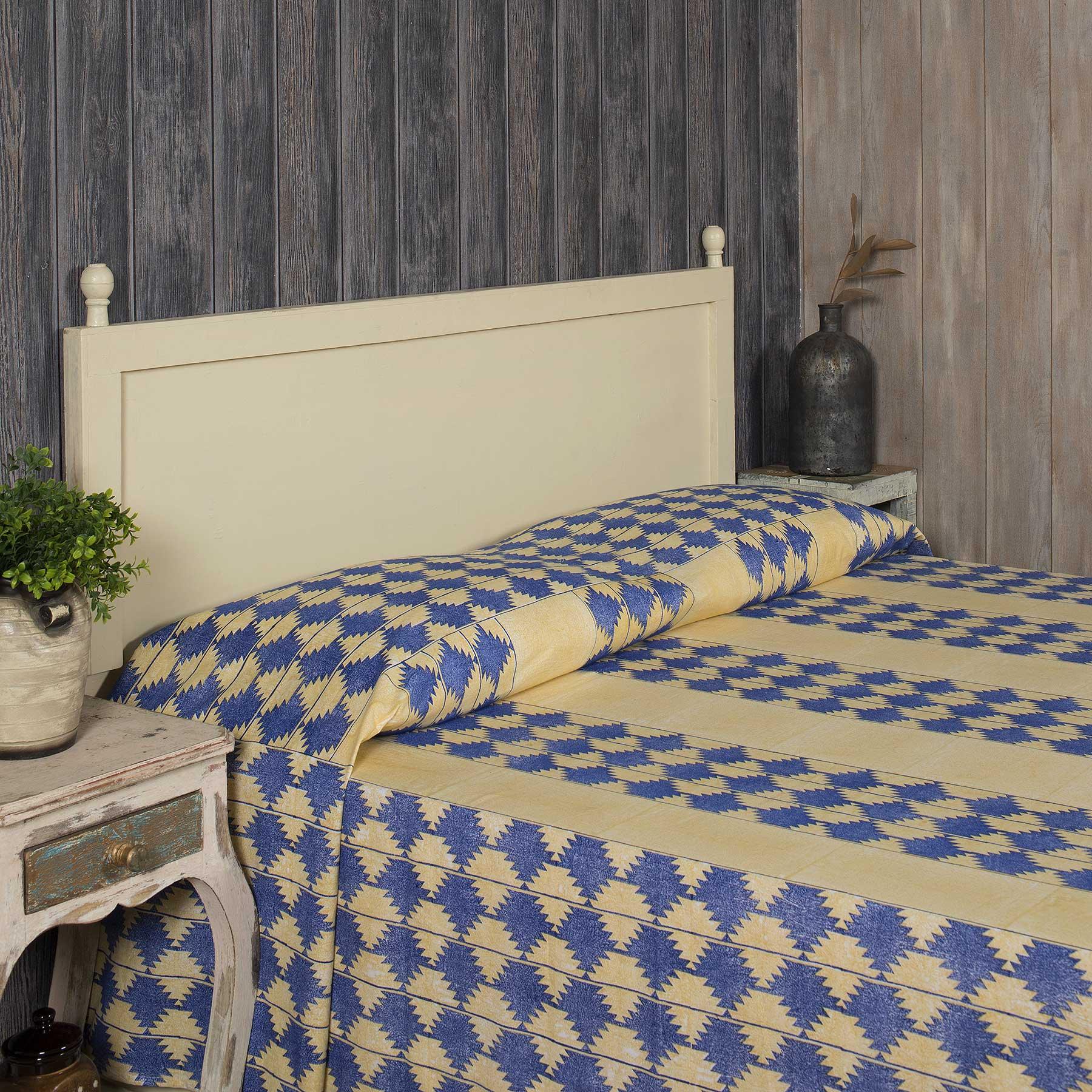 Galicha Beige / Blue Hand Block Printed Cotton Bed Cover