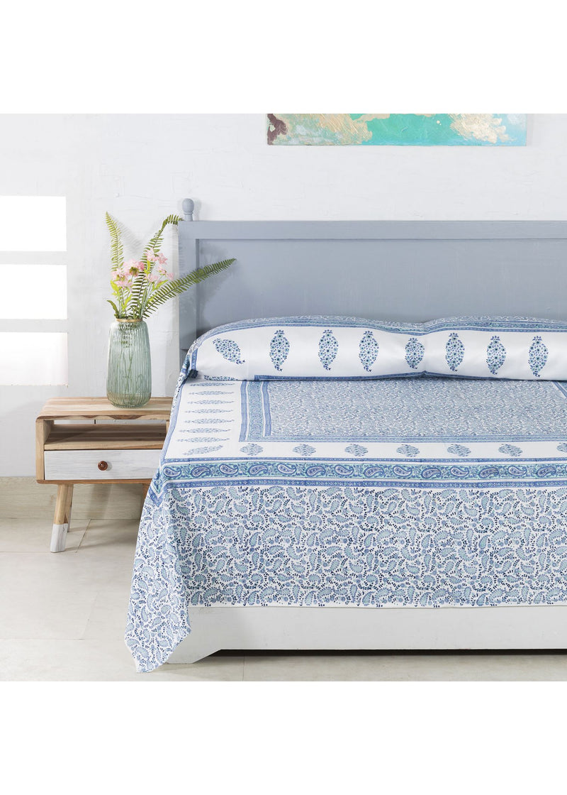 Pineapple Paisley Blue Hand Block Print Glace Cotton Bed Cover