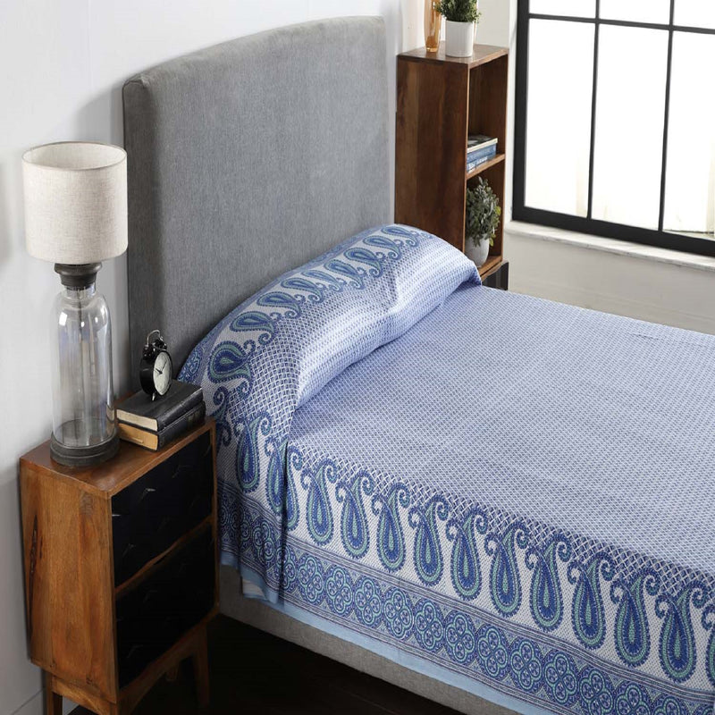 Paisley Blue Screen Print Glace Cotton Bed Cover