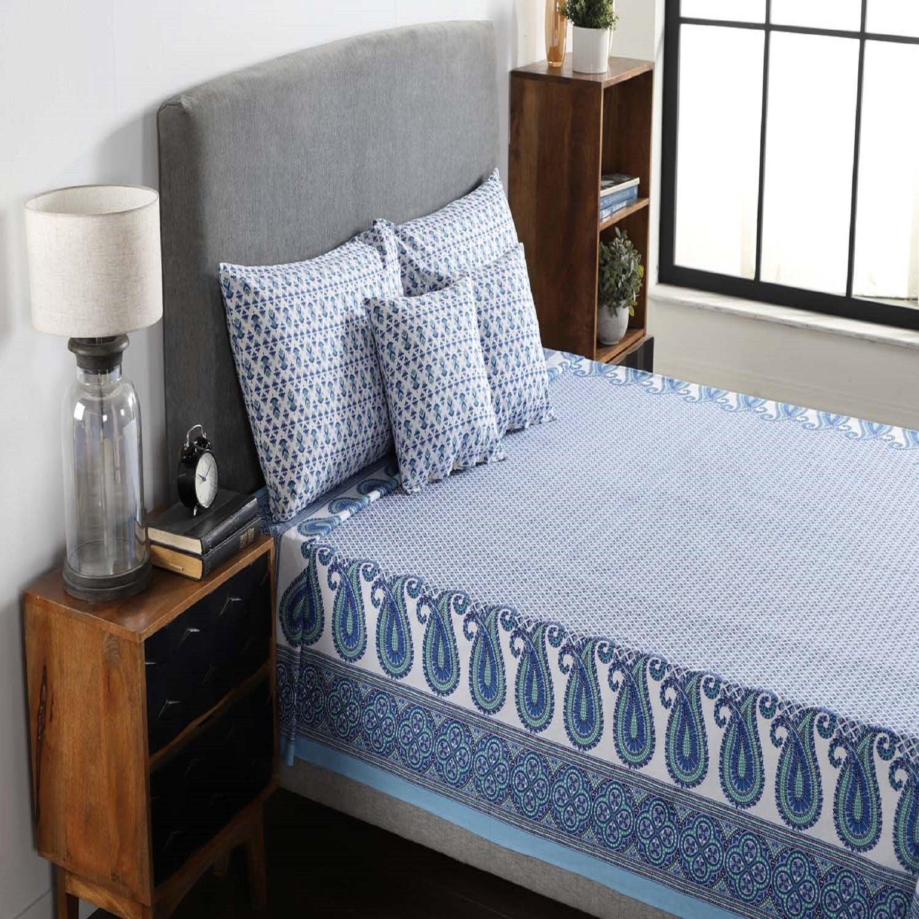 Paisley Blue Screen Print Cotton Bed Cover