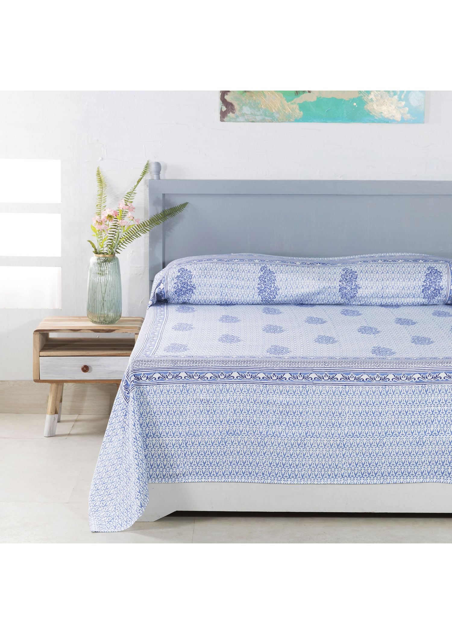 Ragini Buta Blue Hand Block Print Glace Cotton Bed Cover