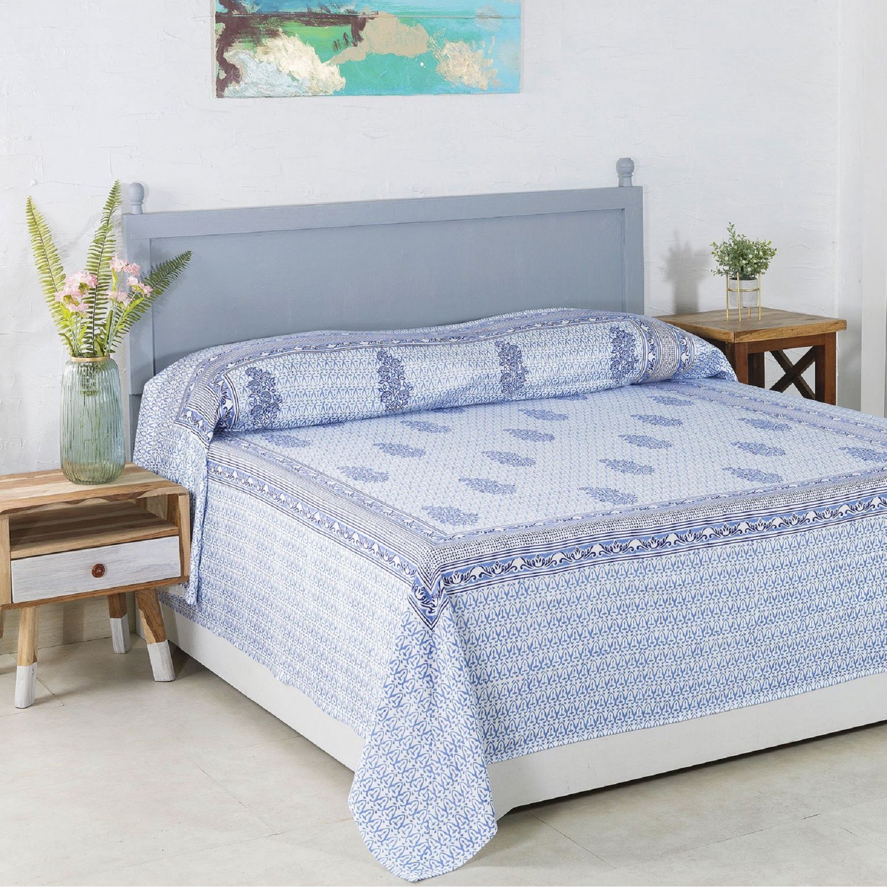 Ragini Buta Blue Hand Block Print Glace Cotton Bed Cover