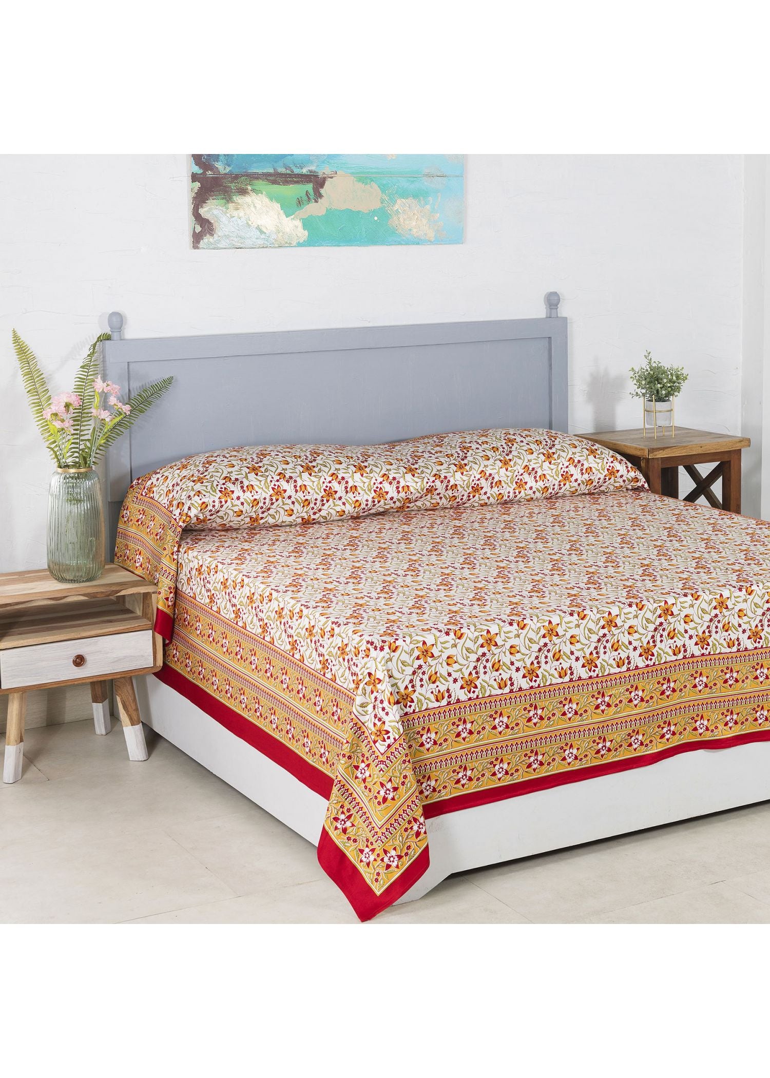 Somya Jaal Mahroon and Mustard Screen Print Glace Cotton Bed Cover