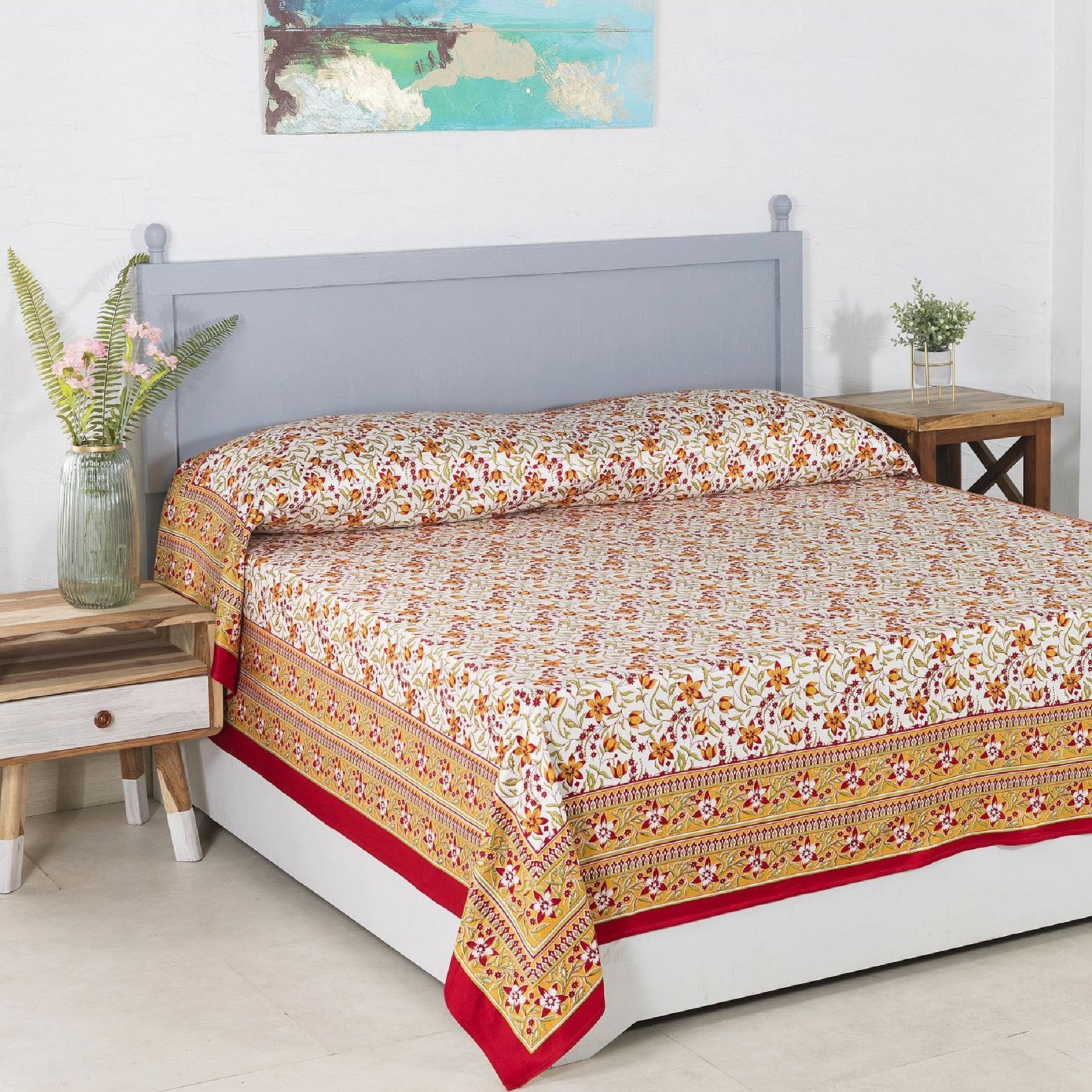 Somya Jaal Mahroon and Mustard Screen Print Glace Cotton Bed Cover