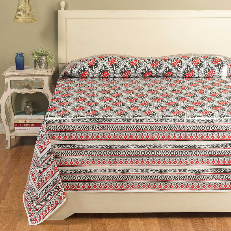 Tropicana Black and Red Hand Block Print Cotton Bed Cover