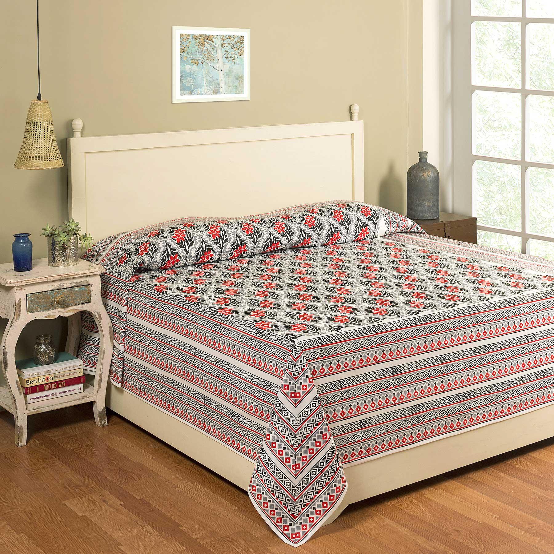 Tropicana Black and Red Hand Block Print Cotton Bed Cover