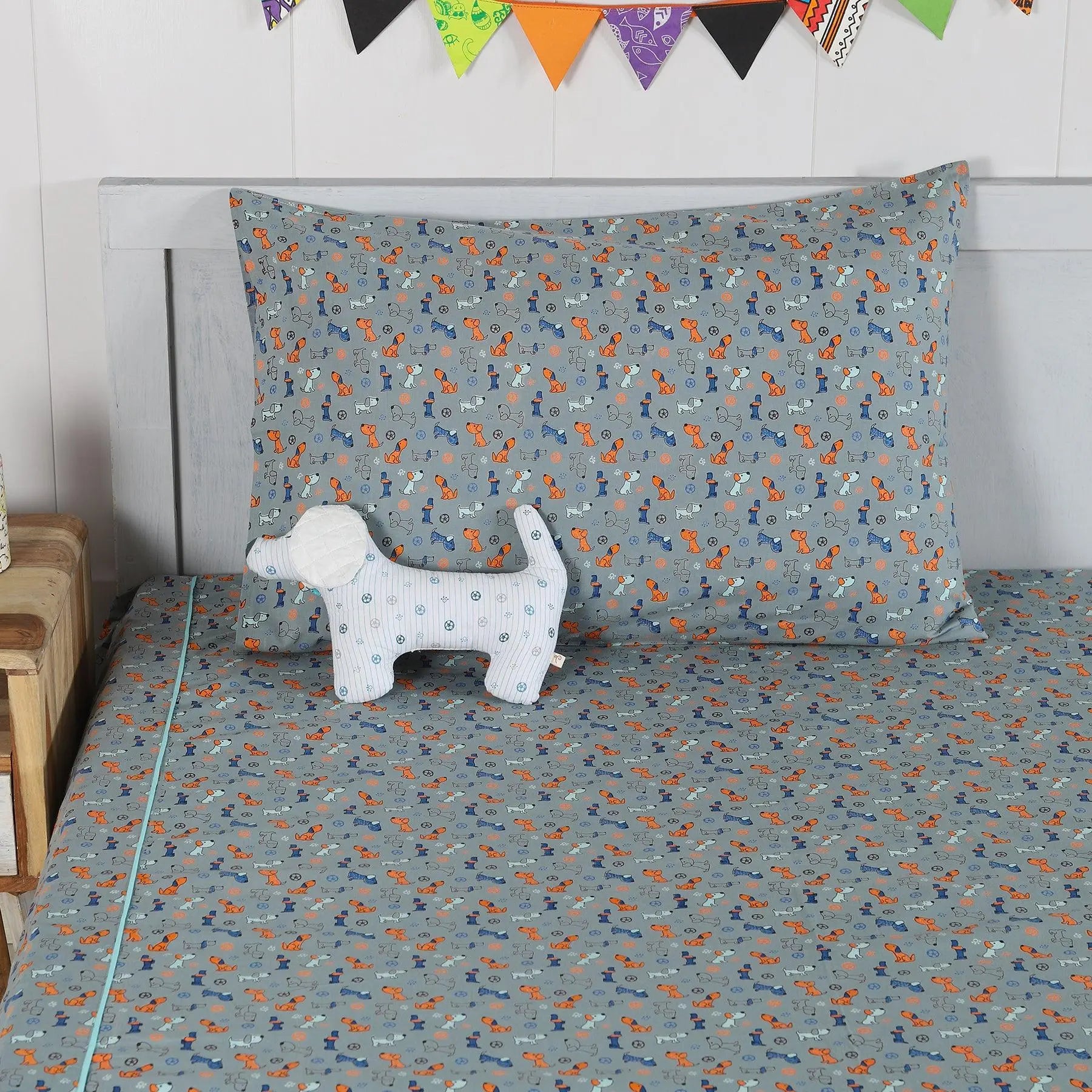 Lazy Dog Grey Cotton Single Bedsheet with Pillow Cover Kids