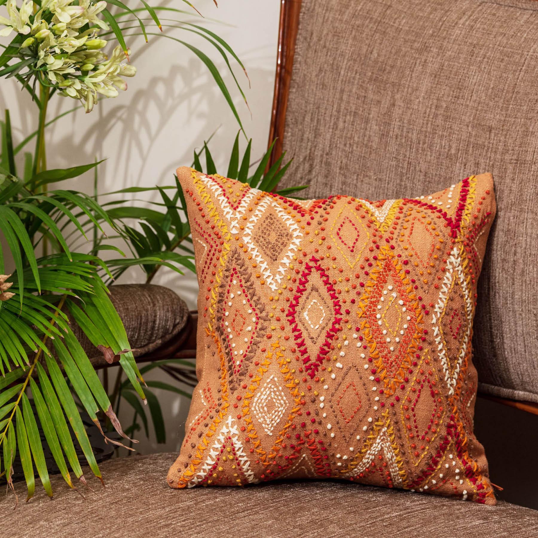 Orange Color Cotton & Silk Cushion Cover