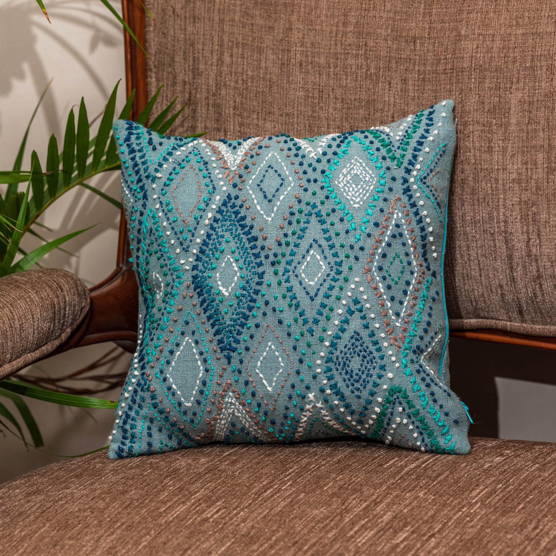 Blue Color Cotton & Silk Cushion Cover