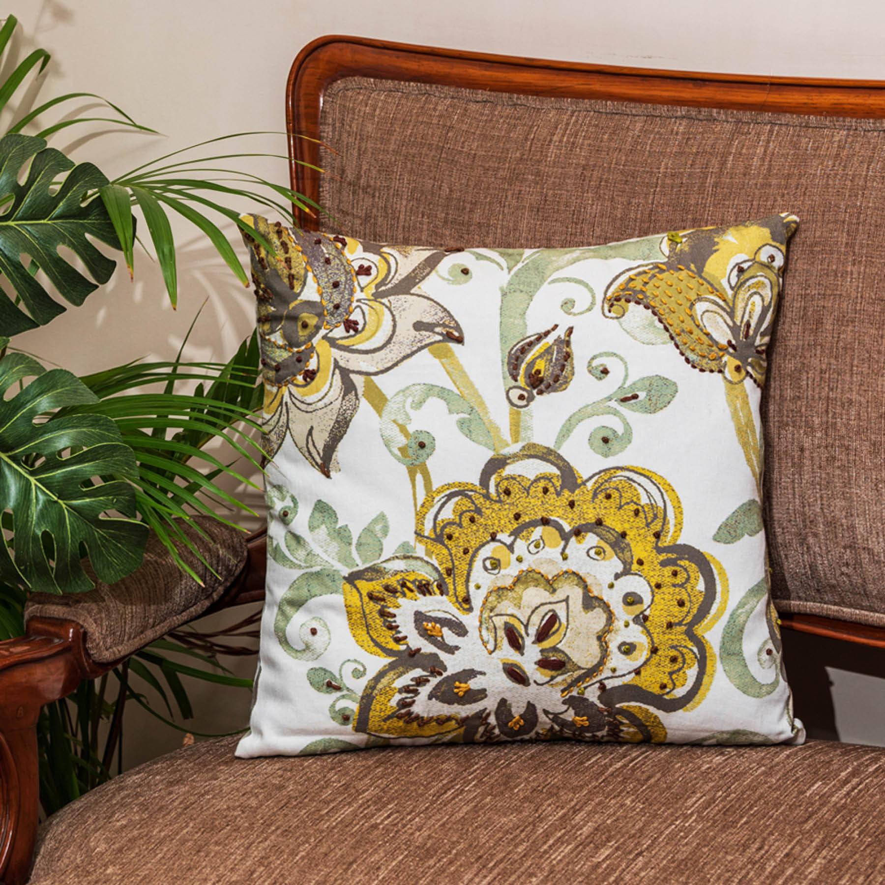 Green Color Cotton & Silk Cushion Cover