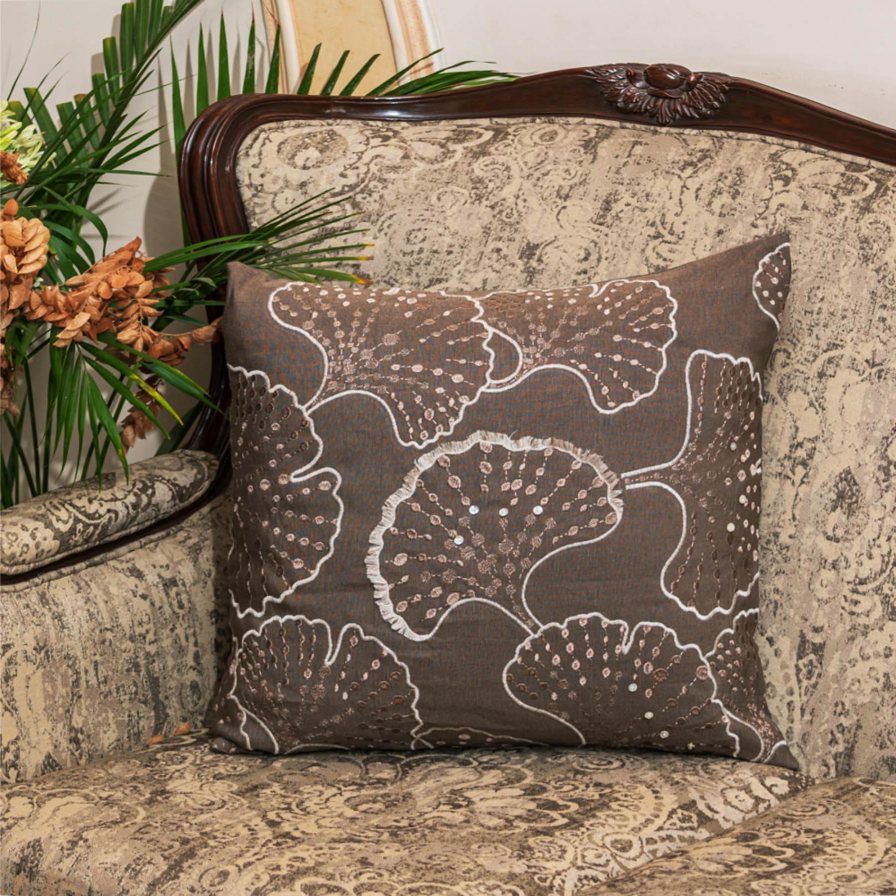 Brown Color Cotton Embroidered Cushion Cover